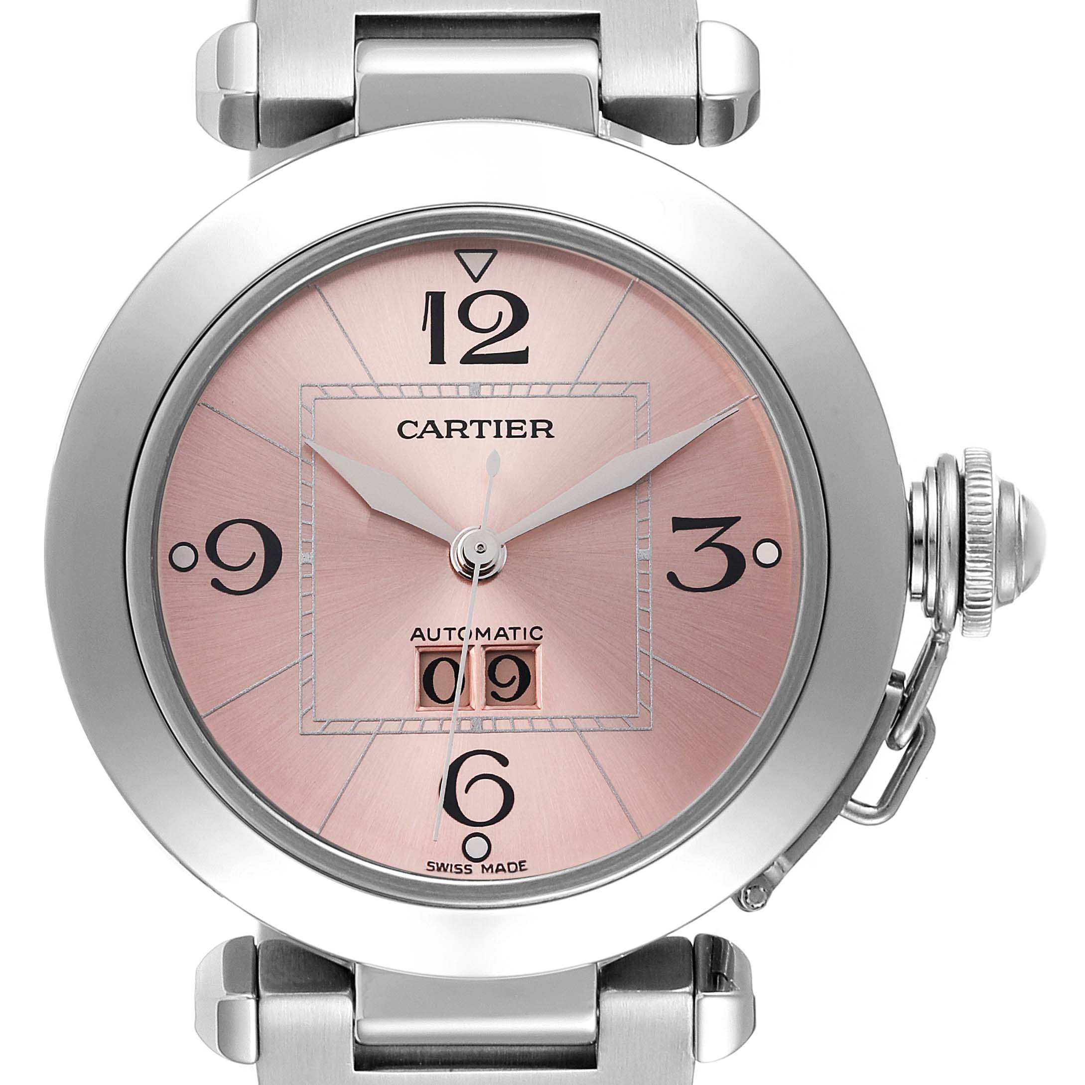 The image shows a close-up, front-facing view of the Cartier Pasha W31058M7 Women's Stainless Steel Pink Dial W31058M7 Women's Stainless Steel Pink Dial watch, highlighting its dial, hands, and crown.