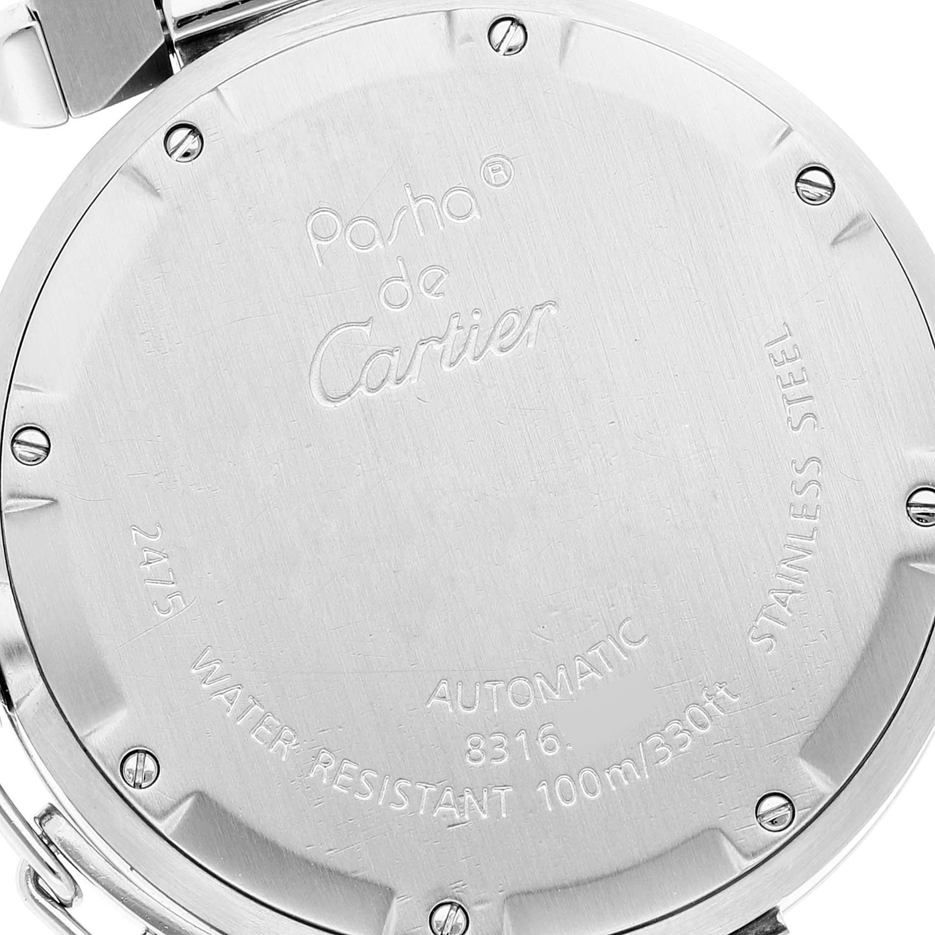 The image shows the case back of a Cartier Pasha W31058M7 Women's Stainless Steel Pink Dial W31058M7 Women's Stainless Steel Pink Dial watch, displaying its engraved specifications and branding.