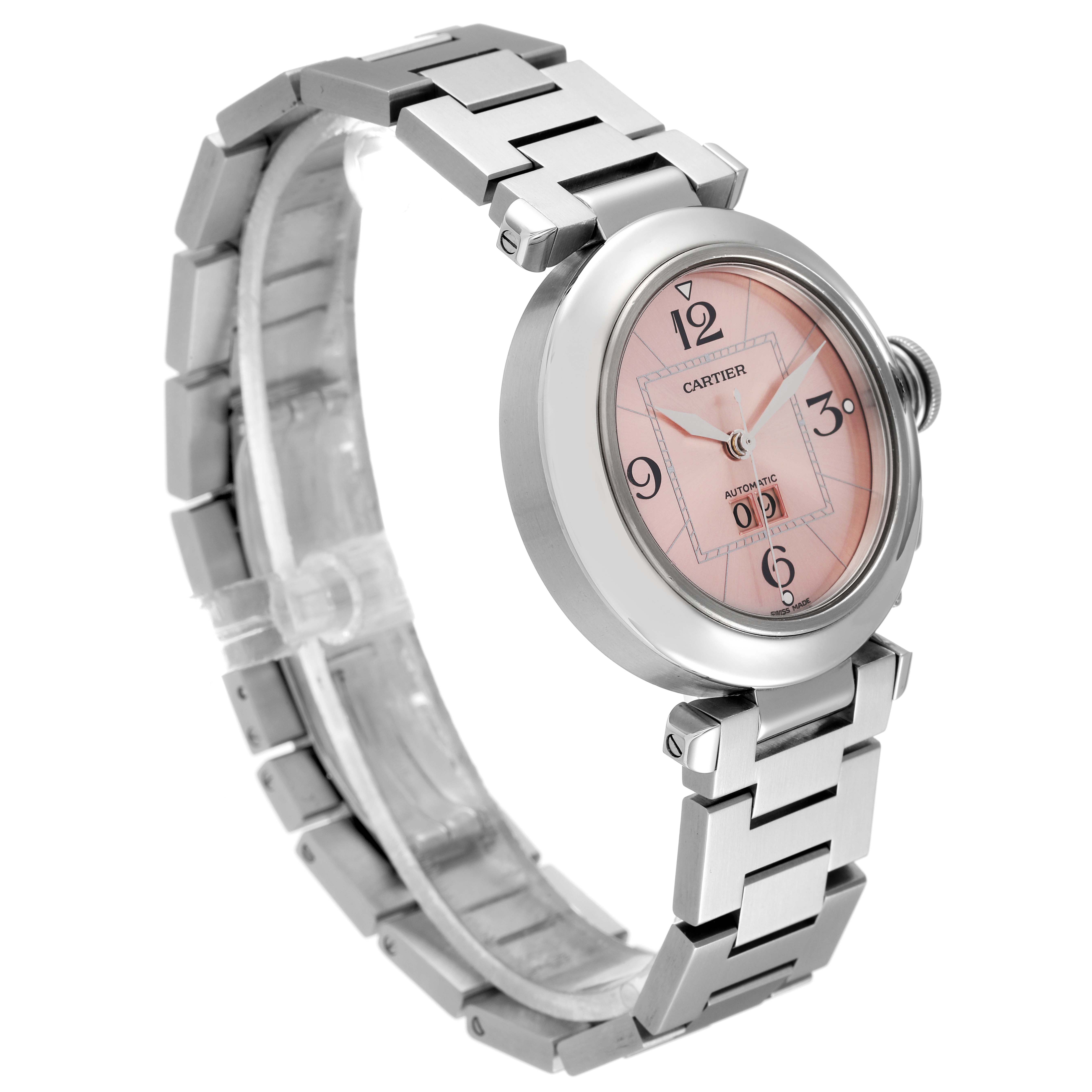 The image shows a Cartier Pasha W31058M7 Women's Stainless Steel Pink Dial W31058M7 Women's Stainless Steel Pink Dial watch with a pink dial, viewed at a three-quarter angle showcasing its stainless steel bracelet and round case.