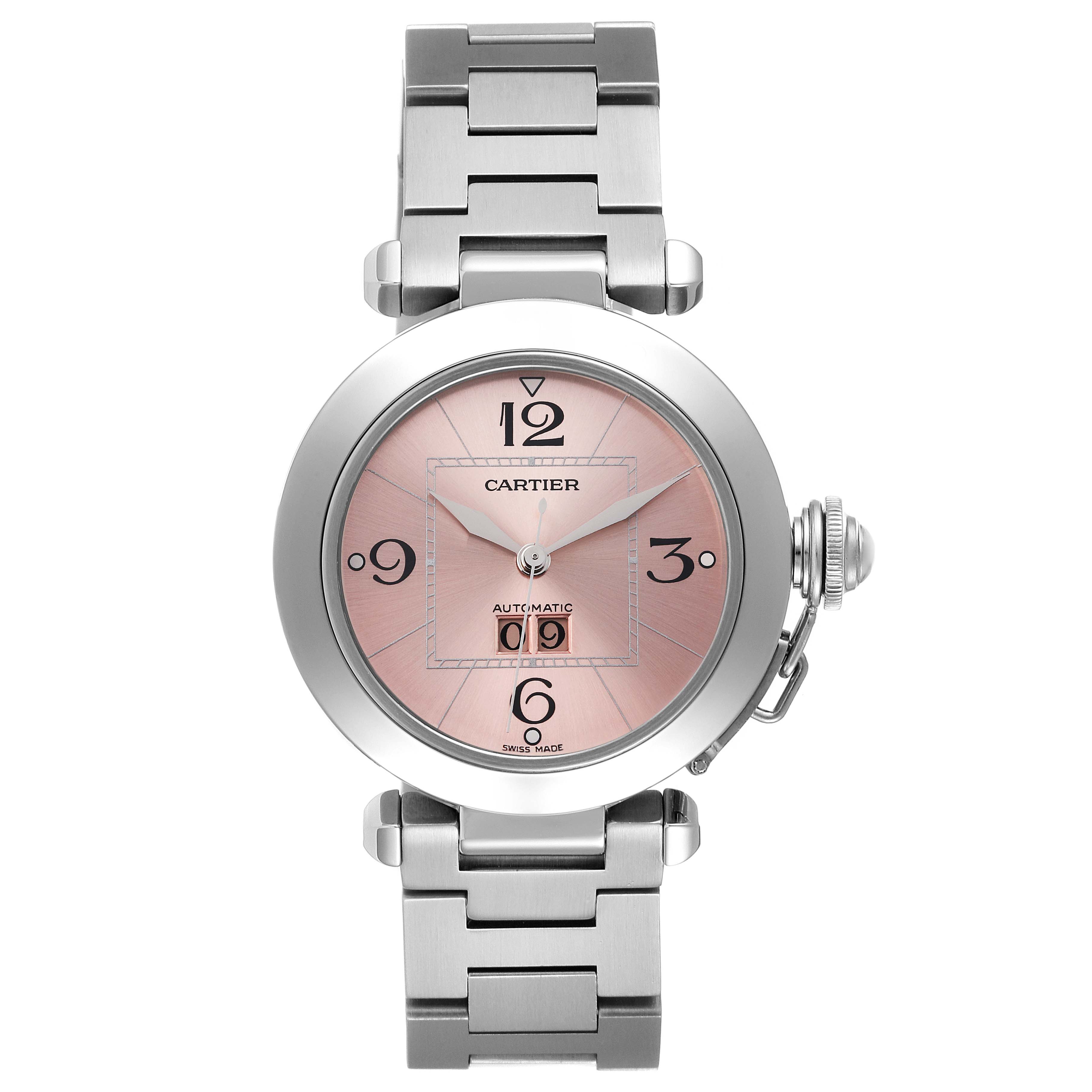 The image shows a front view of a Cartier Pasha W31058M7 Women's Stainless Steel Pink Dial W31058M7 Women's Stainless Steel Pink Dial watch, highlighting its pink dial and metallic bracelet.