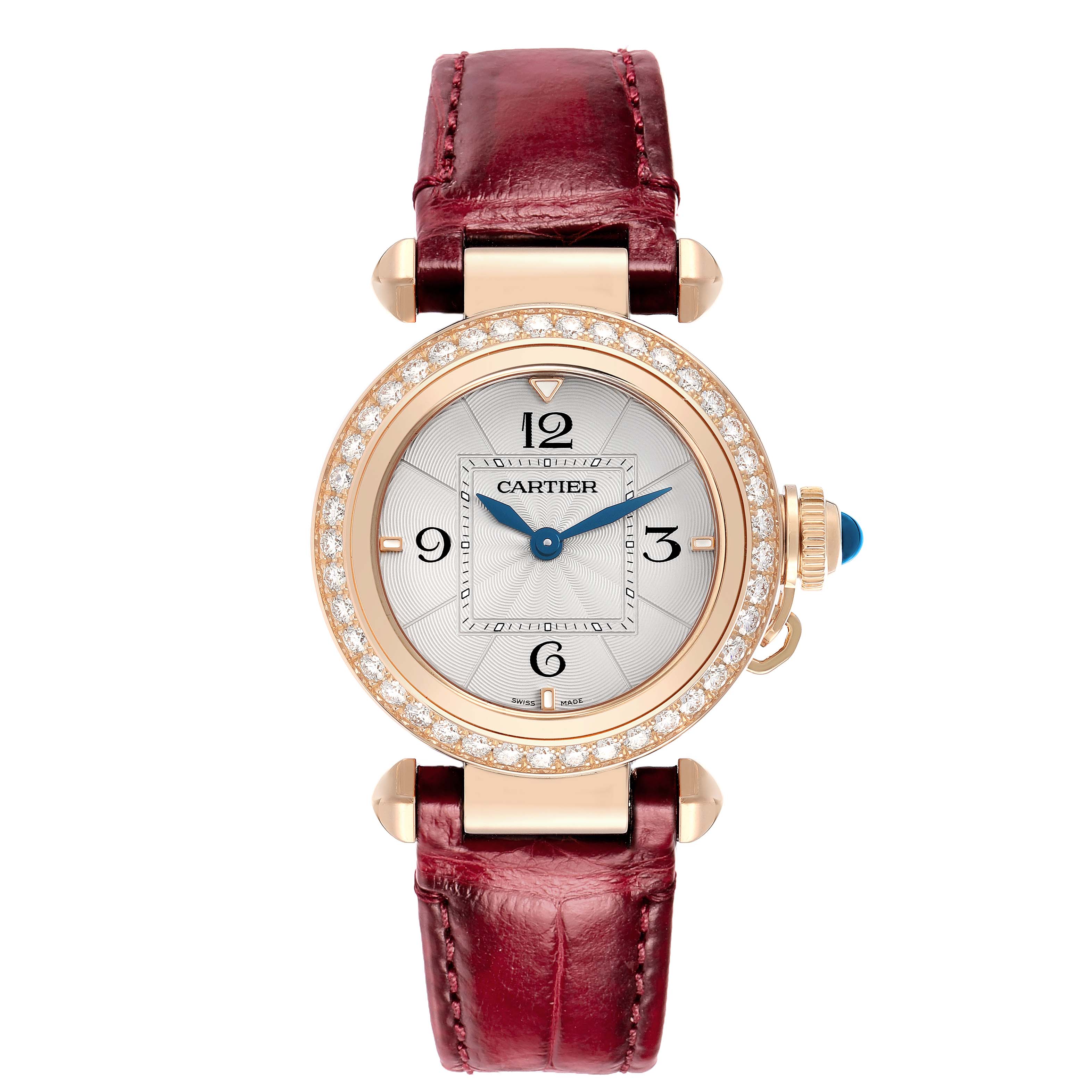 This Cartier Pasha WJPA Women's Rose Gold Silver Dial watch is shown from a top view, with a diamond bezel, blue hands, and a burgundy leather strap.