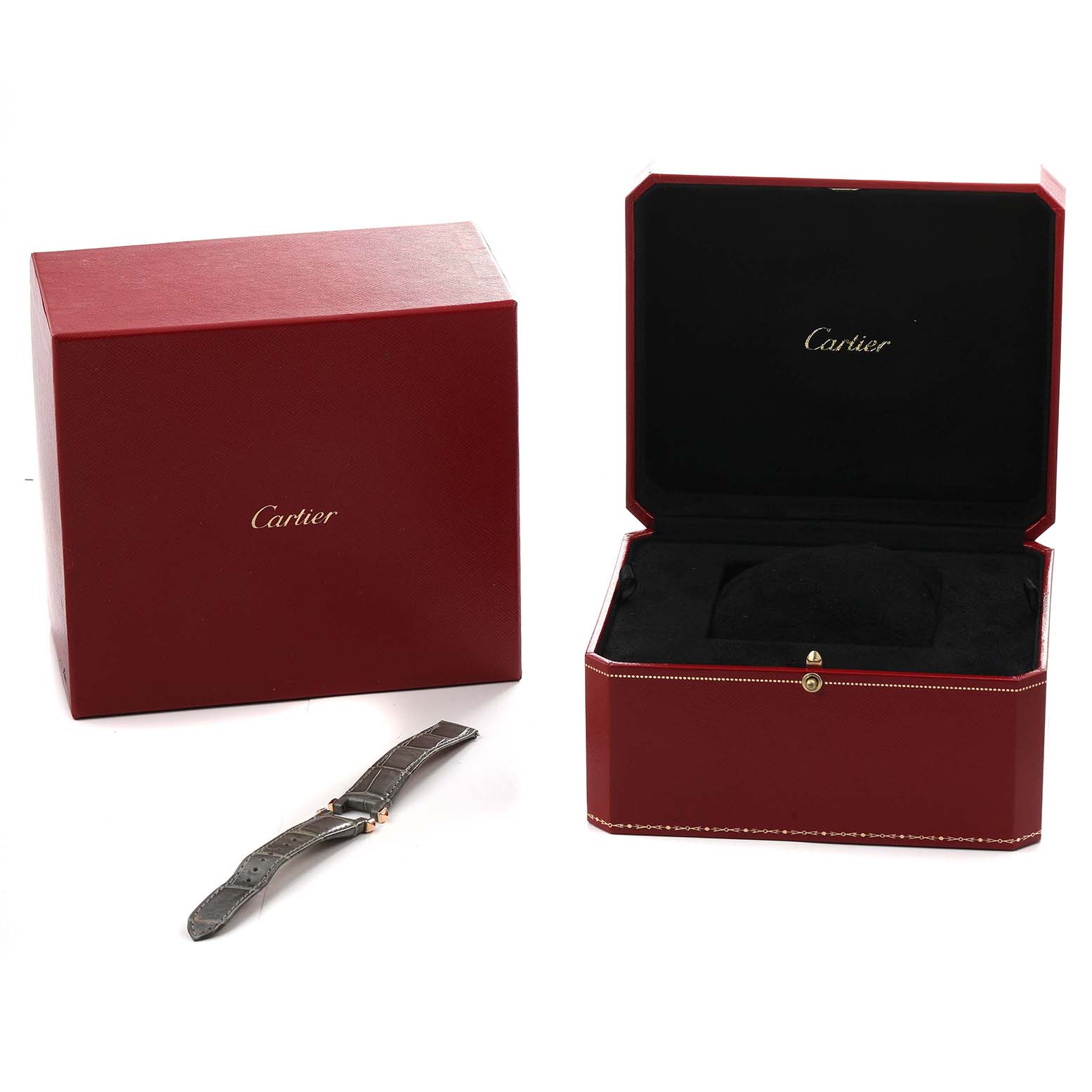 The image shows a Cartier Pasha WJPA Women's Rose Gold Silver Dial watch strap and red presentation box with a matching outer box.