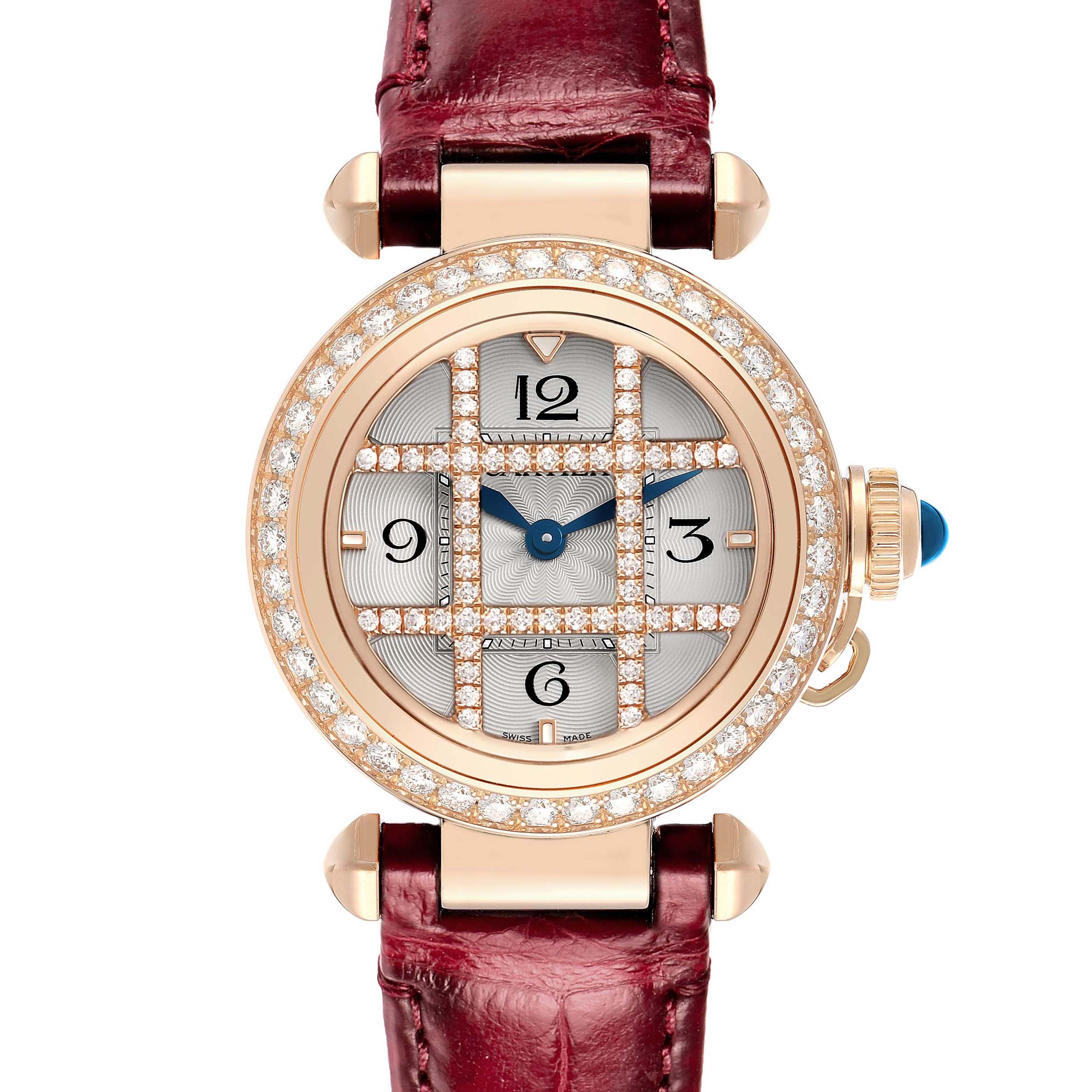 The Cartier Pasha WJPA Women's Rose Gold Silver Dial watch is shown from a front angle, highlighting its diamond-set bezel and burgundy leather strap.