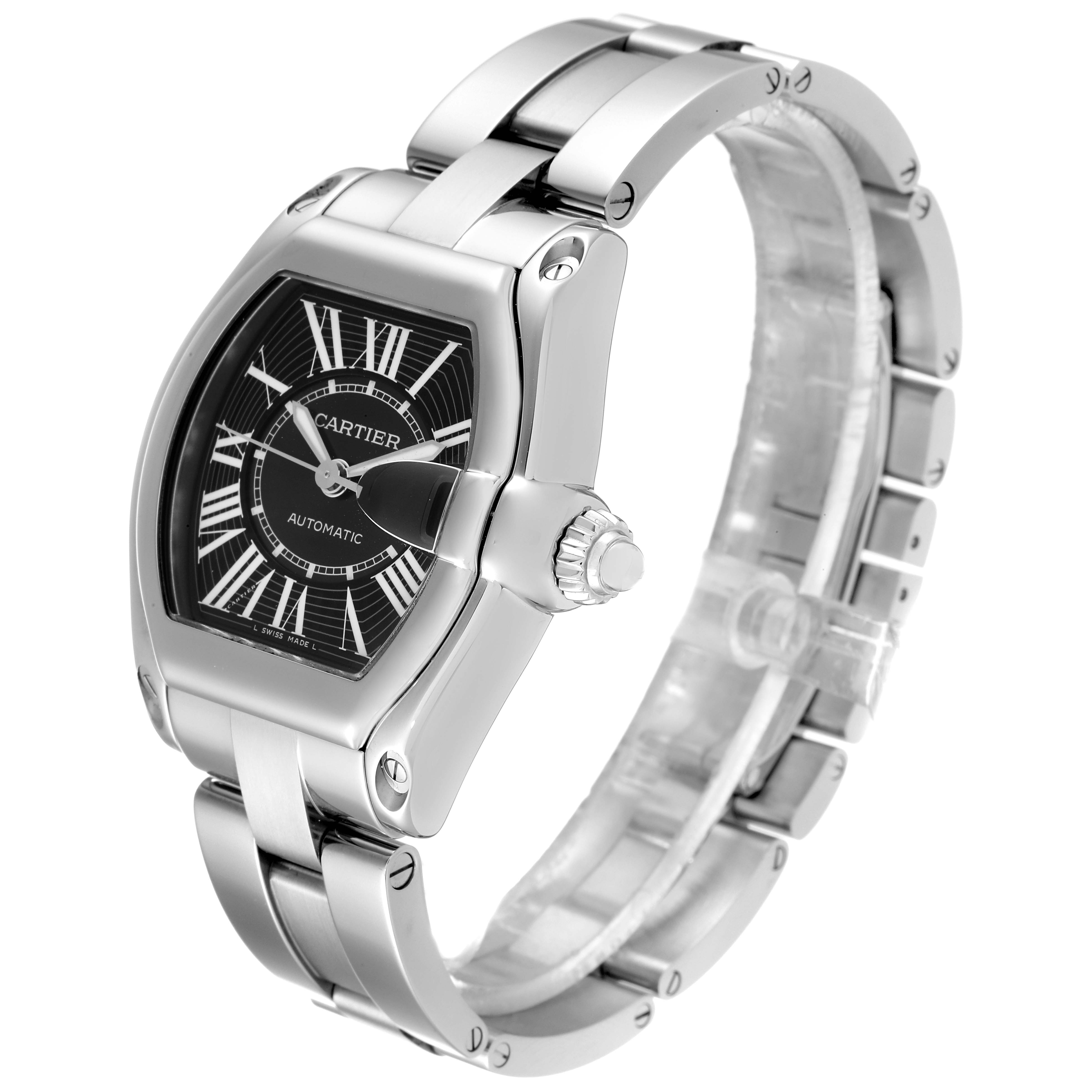 The image shows a Cartier Roadster W62041V3 Men
s Stainless Steel Black Dial W62041V3 Men
s Stainless Steel Black Dial watch from a front angle, highlighting its case, crown, and stainless steel bracelet.