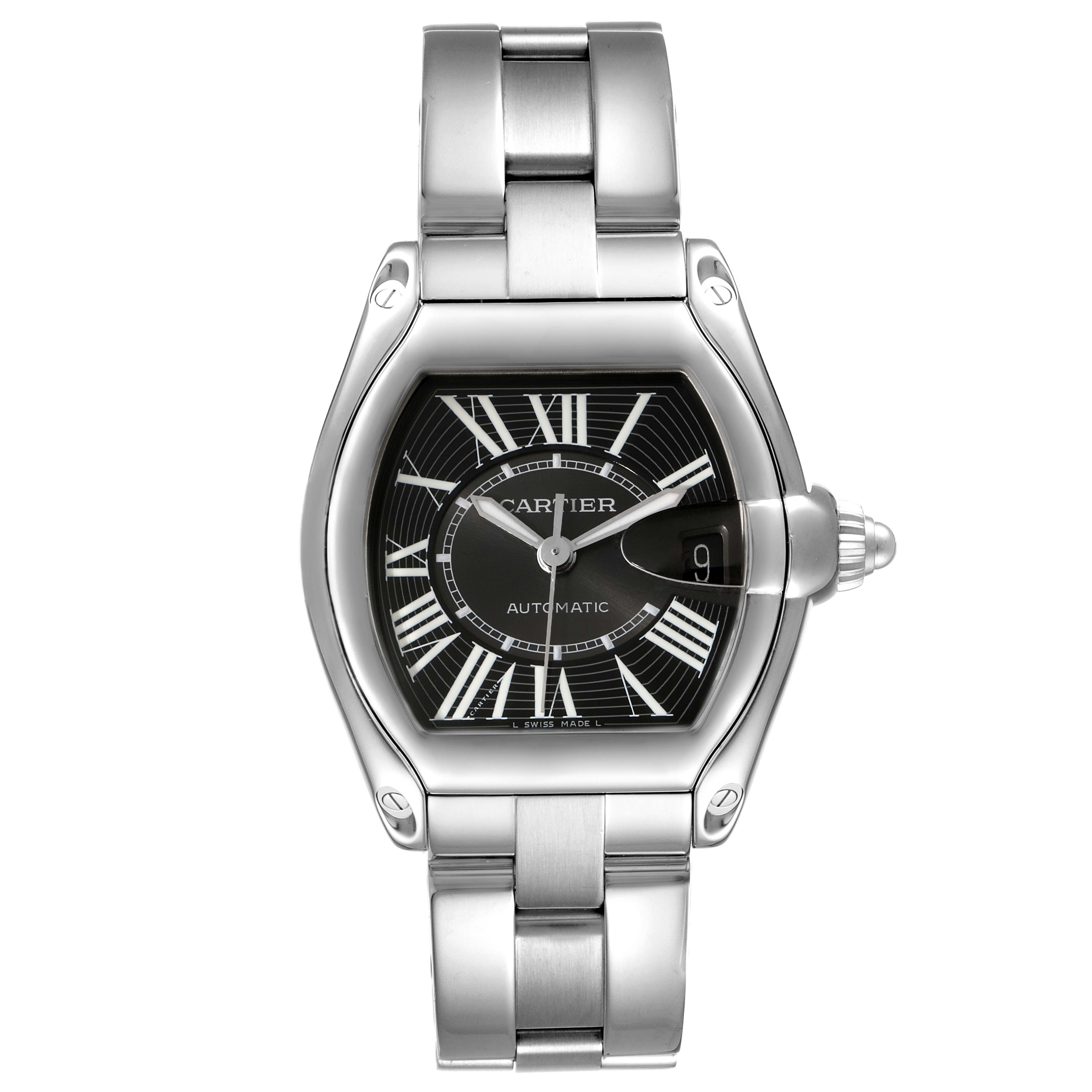 The image shows a front view of the Cartier Roadster W62041V3 Men
s Stainless Steel Black Dial W62041V3 Men
s Stainless Steel Black Dial watch, highlighting the face, bezel, and bracelet.