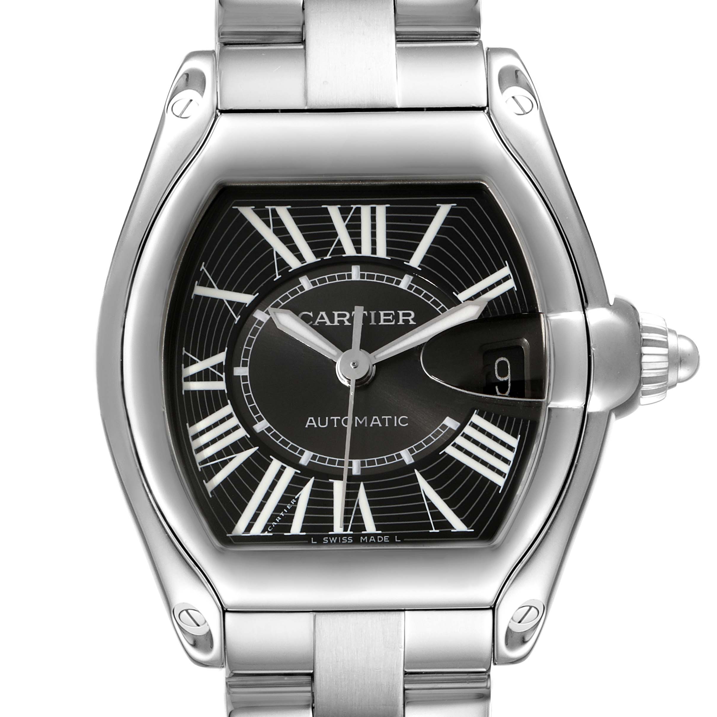 The image shows a front view of a Cartier Roadster W62041V3 Men
s Stainless Steel Black Dial W62041V3 Men
s Stainless Steel Black Dial watch, highlighting its face, dial, and part of the bracelet.
