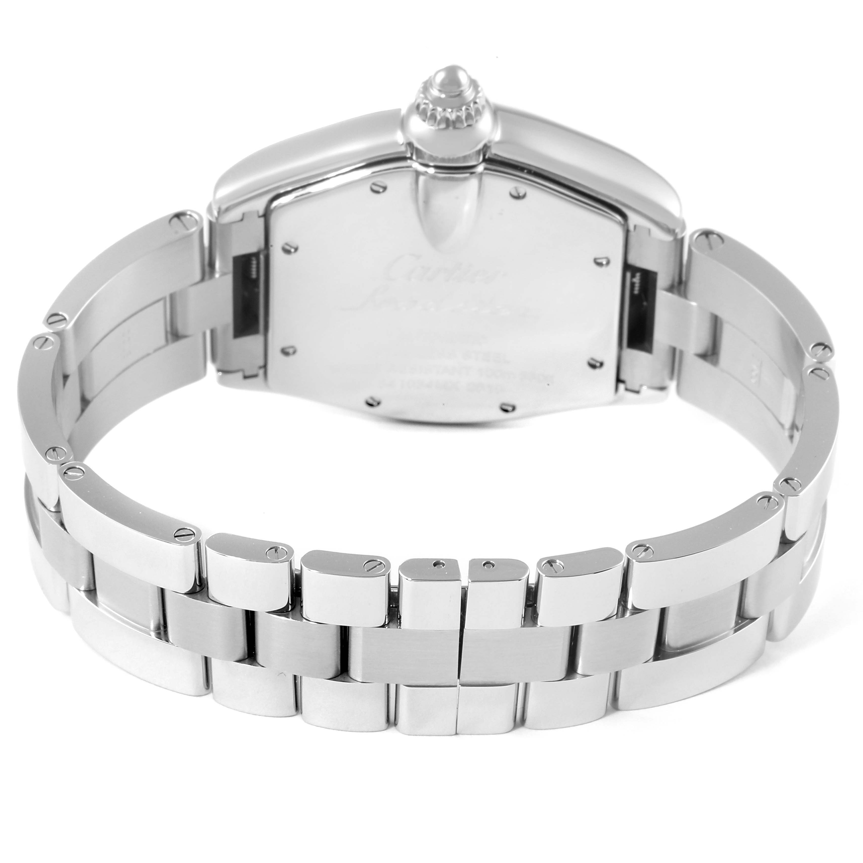 This image shows the backside and bracelet of a Cartier Roadster W62041V3 Men
s Stainless Steel Black Dial W62041V3 Men
s Stainless Steel Black Dial model watch at an angled view.