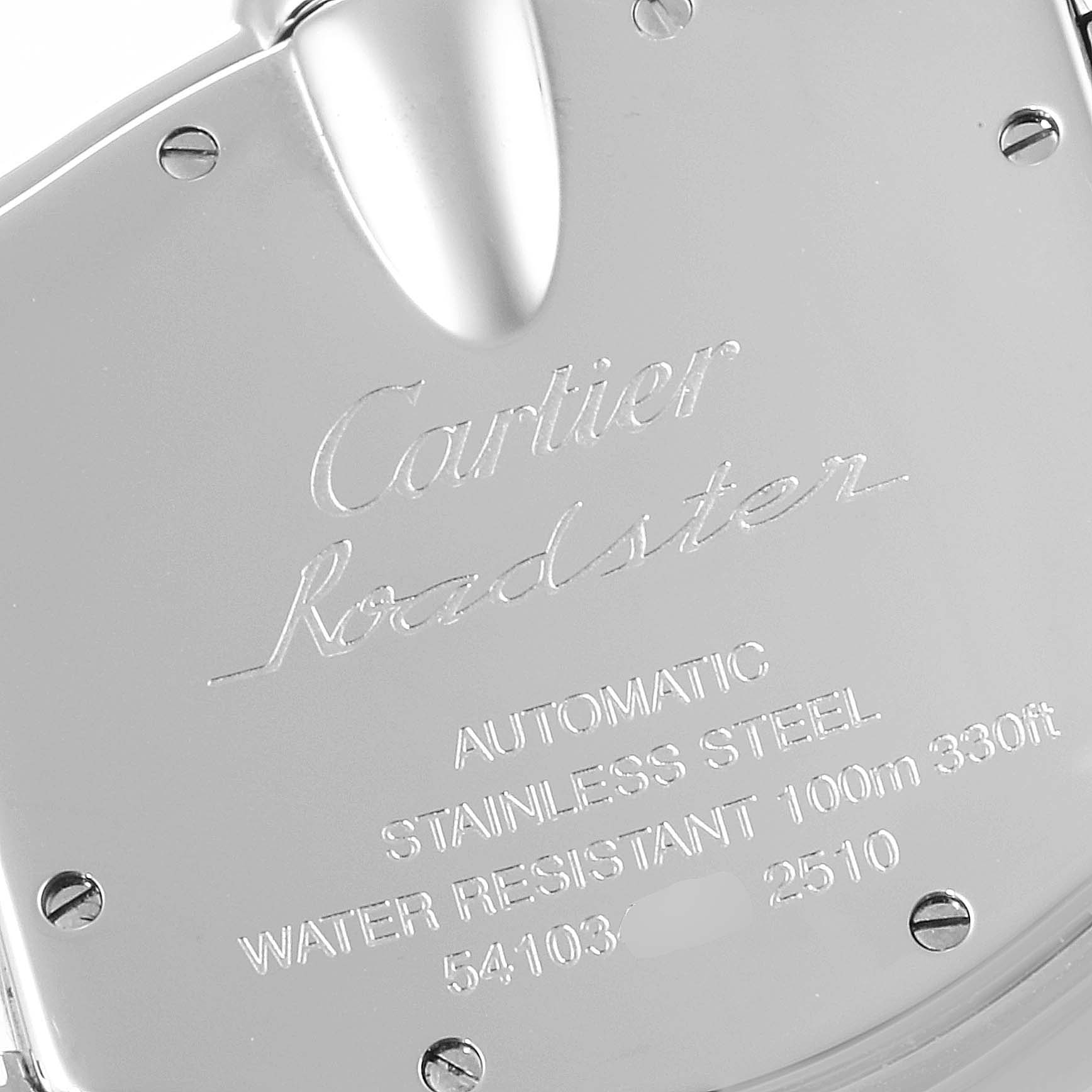 This image shows the back case of a Cartier Roadster W62041V3 Men
s Stainless Steel Black Dial W62041V3 Men
s Stainless Steel Black Dial watch, displaying its branding and specifications.