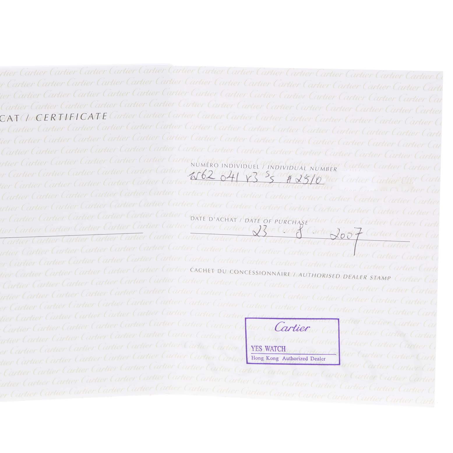 This shows the certificate of Best Quality
ity for the Cartier Roadster W62041V3 Men
s Stainless Steel Black Dial W62041V3 Men
s Stainless Steel Black Dial model watch, displaying the individual number and date of purchase.