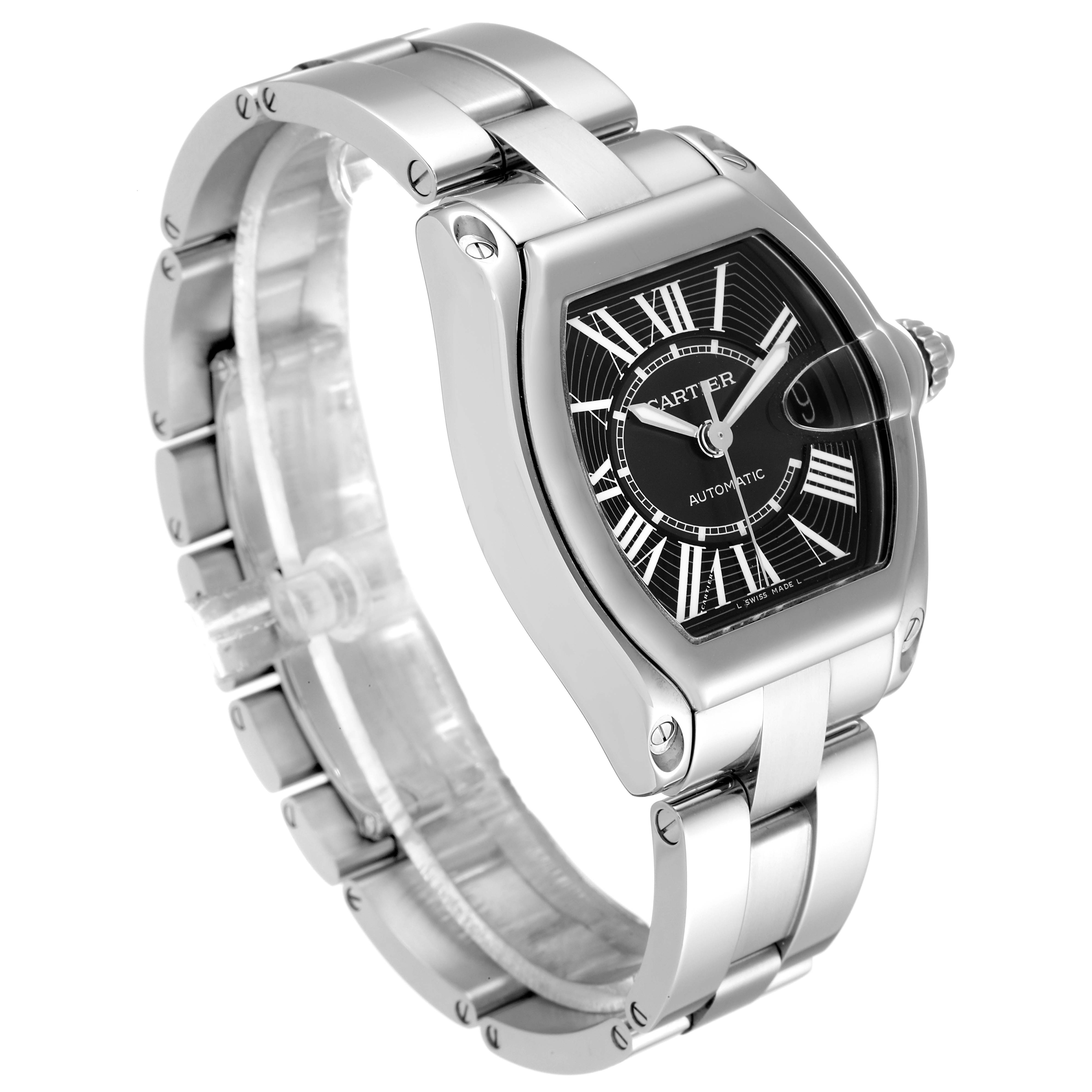 The image shows a Cartier Roadster W62041V3 Men
s Stainless Steel Black Dial W62041V3 Men
s Stainless Steel Black Dial watch at a three-quarter angle, highlighting the dial, bracelet, and crown.