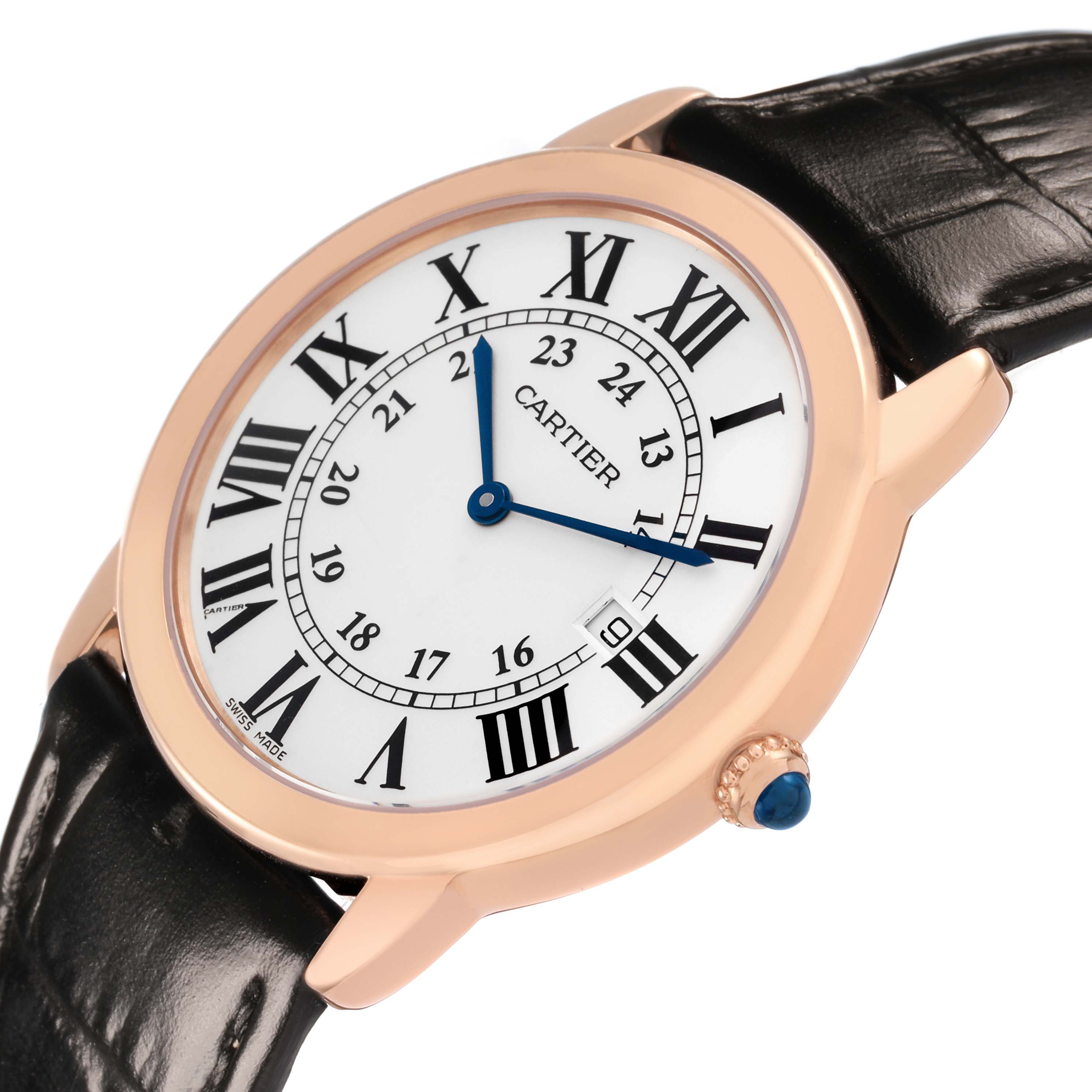 The Cartier Ronde W6701008 Men's Rose Gold Silver Dial watch is shown at a slight angle displaying its face, Roman numerals, blue hands, and leather strap.