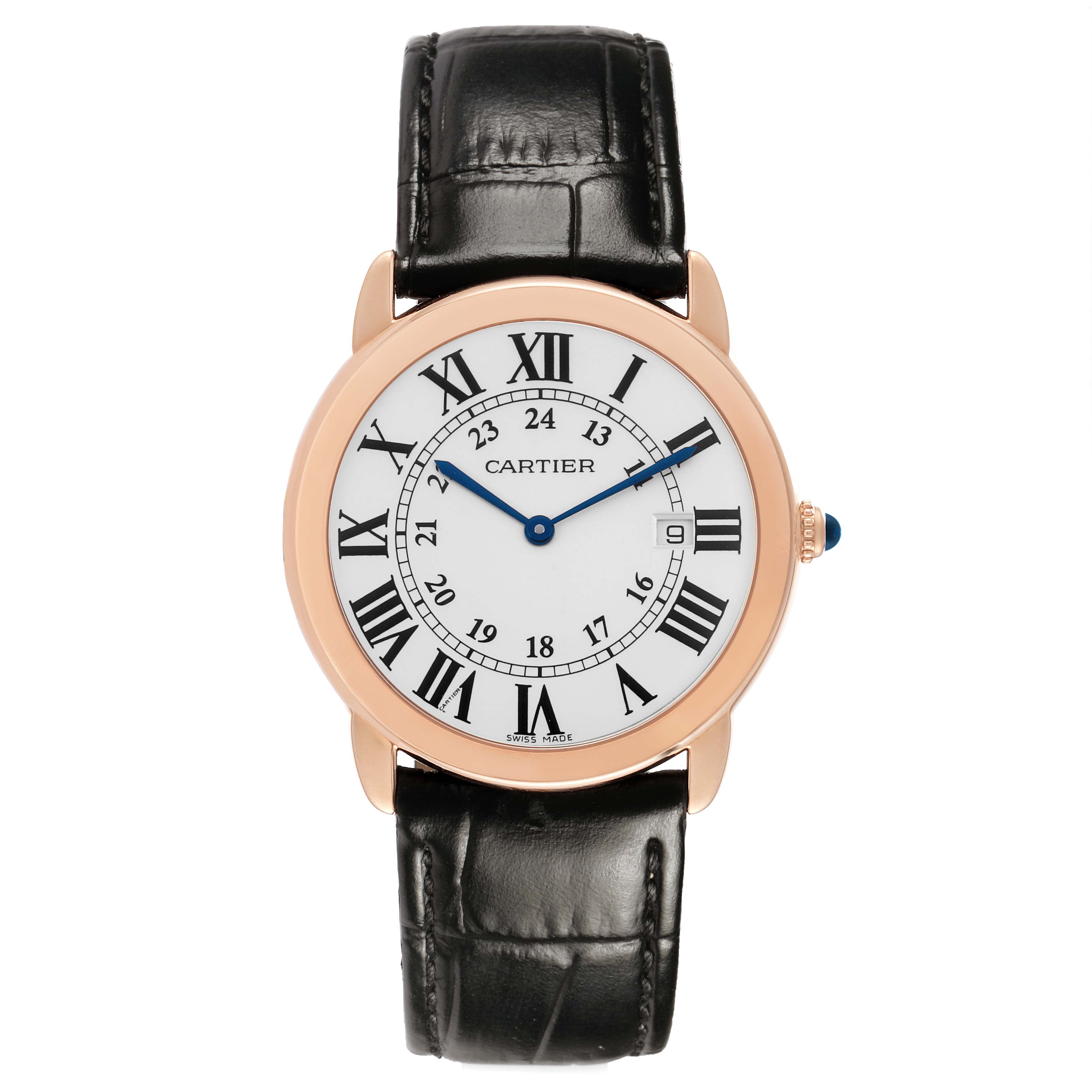 The Cartier Ronde W6701008 Men's Rose Gold Silver Dial watch is shown from a top view, highlighting its Roman numerals, blue hands, and black leather strap.
