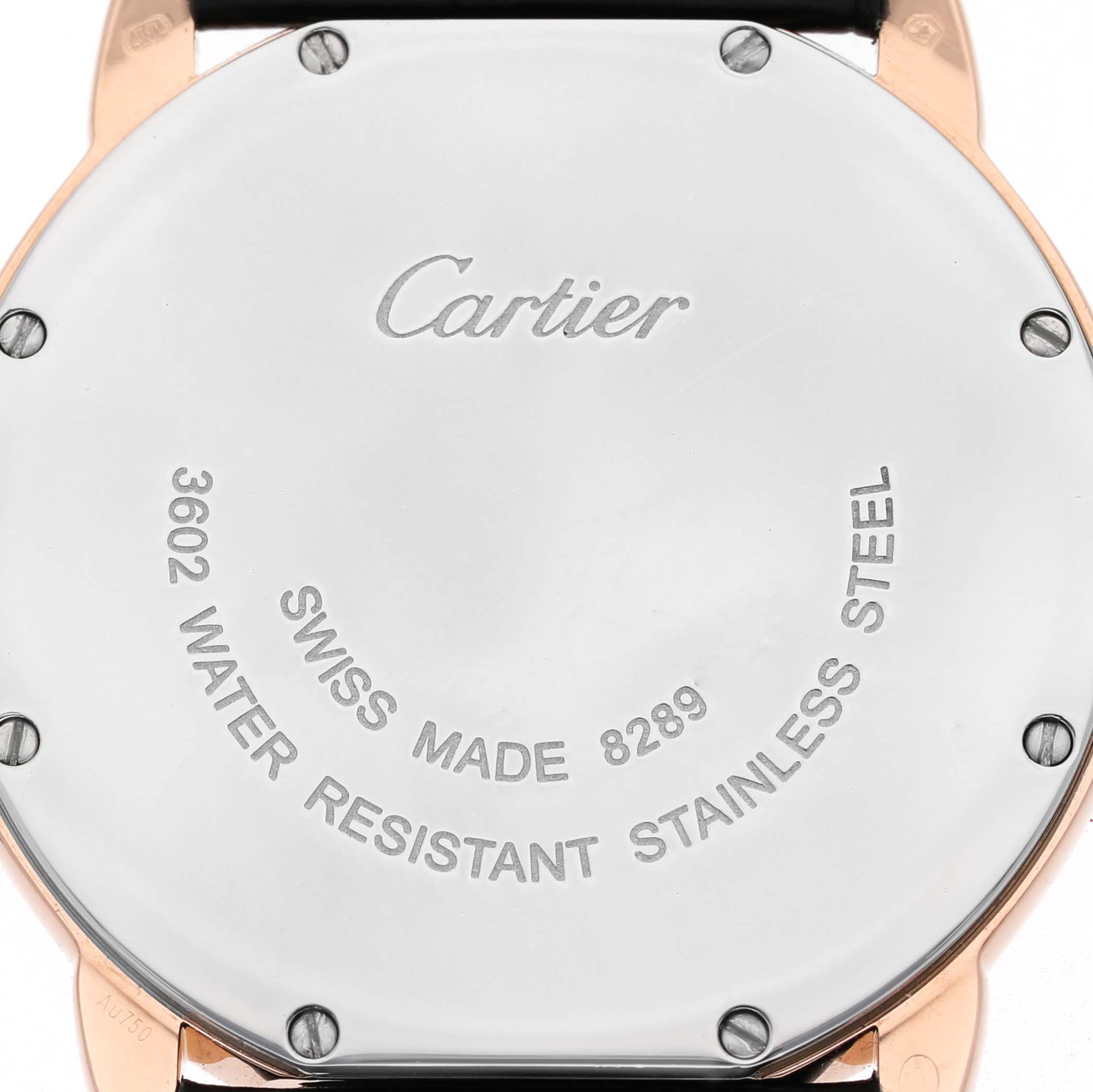 The image shows the back case of a Cartier Ronde W6701008 Men's Rose Gold Silver Dial watch, highlighting the brand name and specifications.