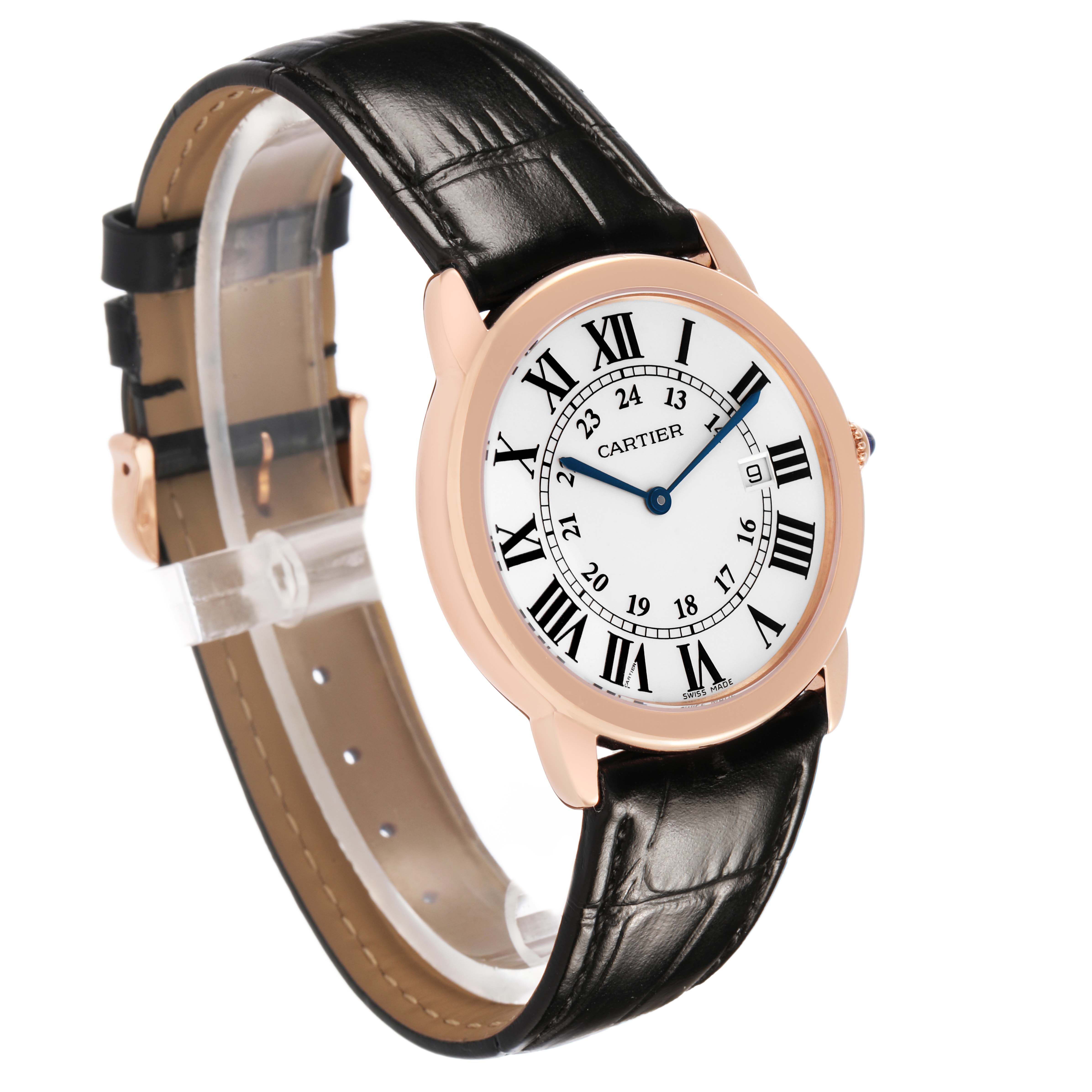 The Cartier Ronde W6701008 Men's Rose Gold Silver Dial watch is shown in a side angle, highlighting its round case, black leather strap, and Roman numeral dial.