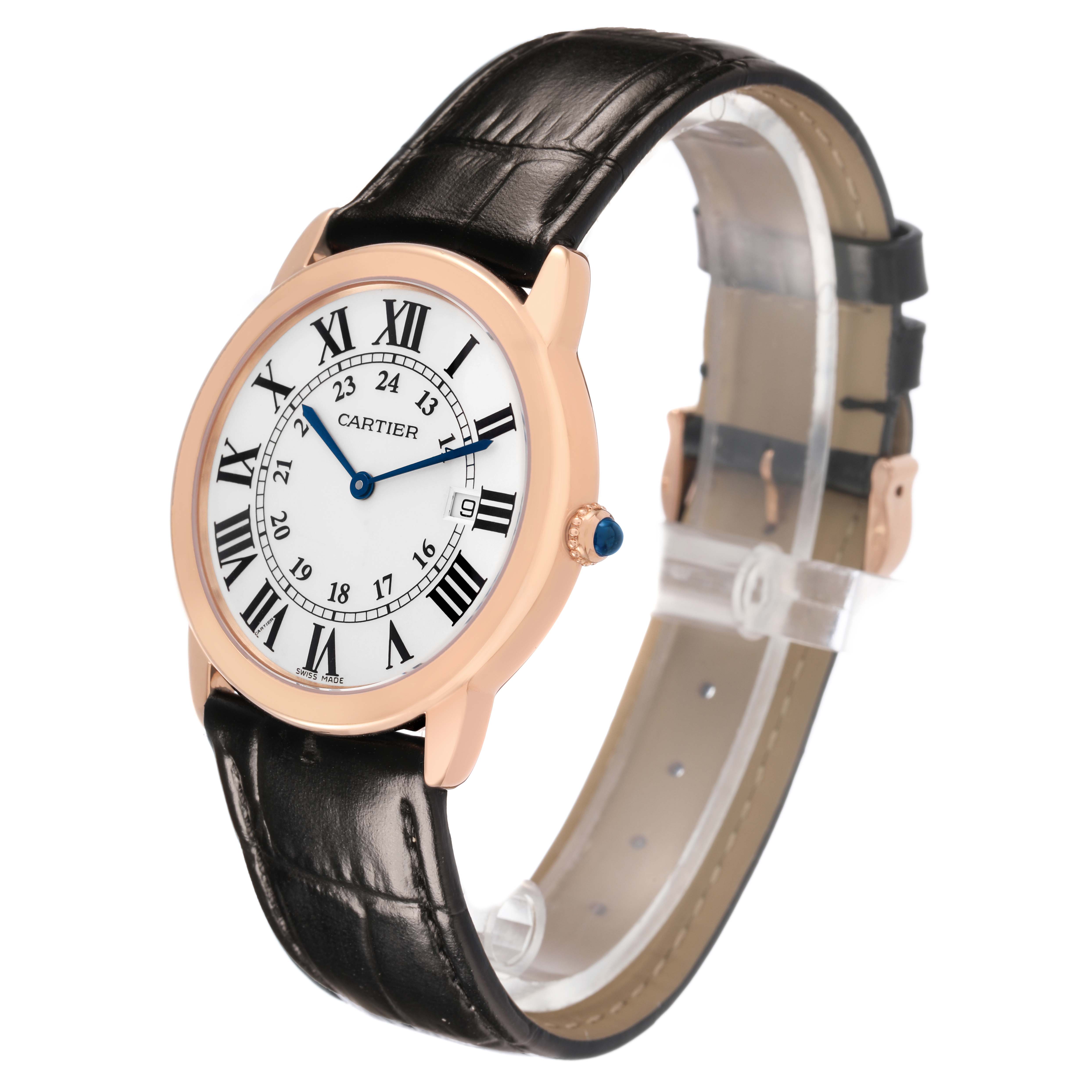 The Cartier Ronde W6701008 Men's Rose Gold Silver Dial watch is shown at a three-quarter angle, highlighting the face, Roman numerals, blue hands, and black leather strap.