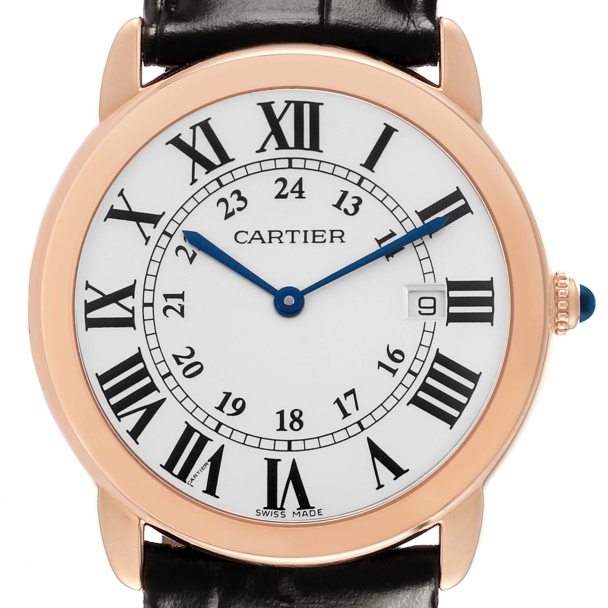 The Cartier Ronde W6701008 Men's Rose Gold Silver Dial watch is shown from the front, highlighting its face, Roman numerals, and blue hands.