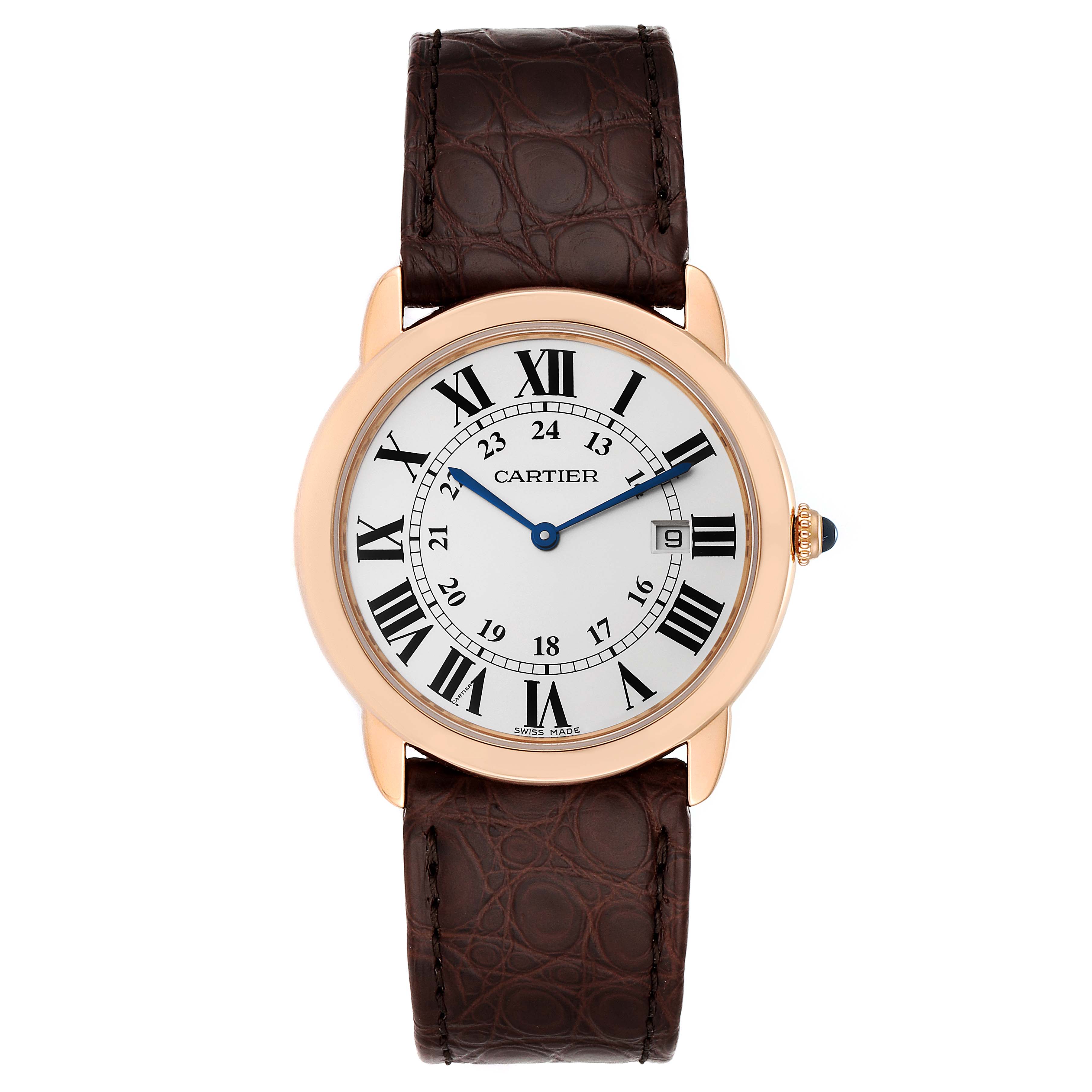 This image shows a frontal view of the Cartier Ronde W6701008 Men's Rose Gold Silver Dial W6701008 Men's Rose Gold Silver Dial watch, showcasing its face, strap, and crown.