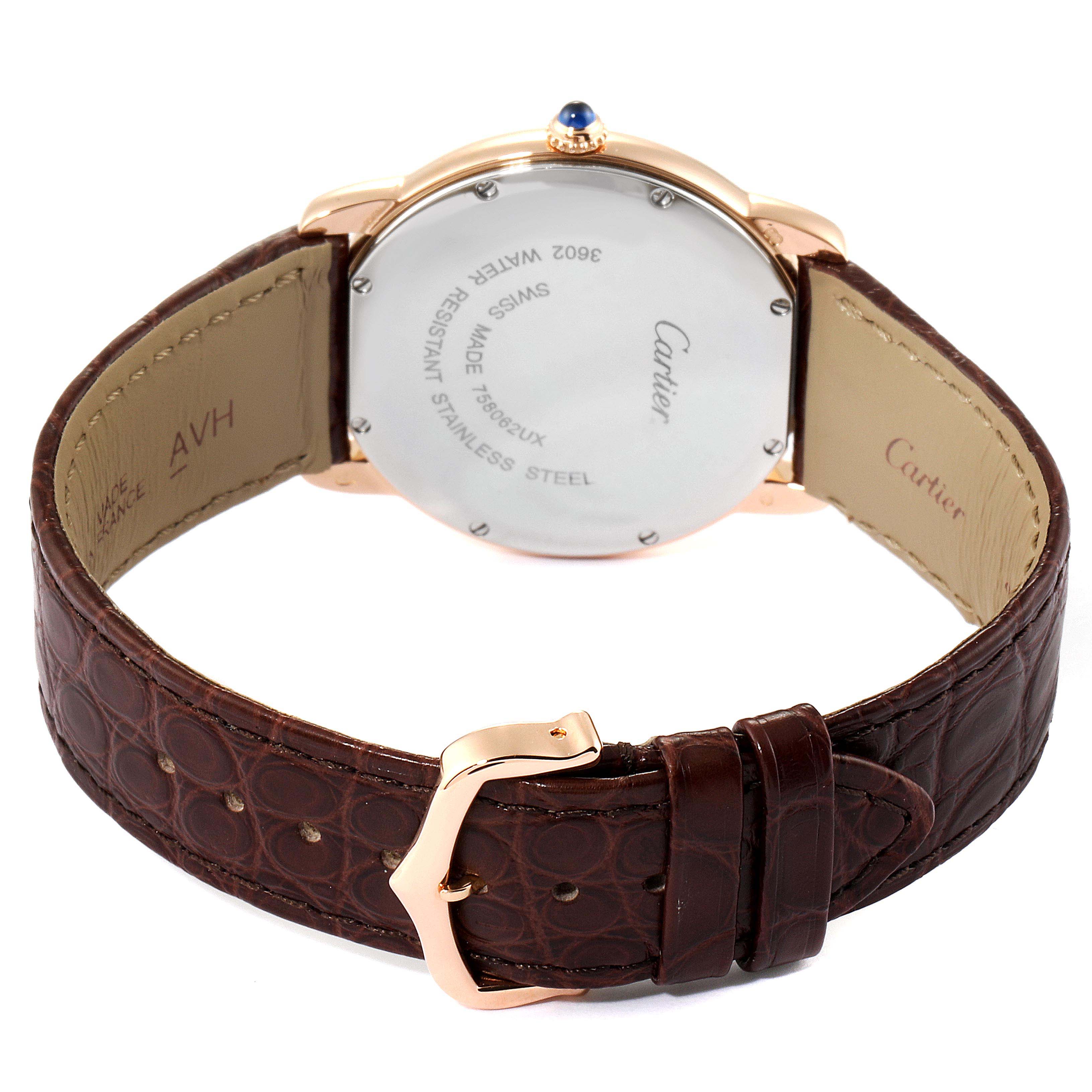 The image shows the back and strap of the Cartier Ronde W6701008 Men's Rose Gold Silver Dial W6701008 Men's Rose Gold Silver Dial watch from a rear angle.