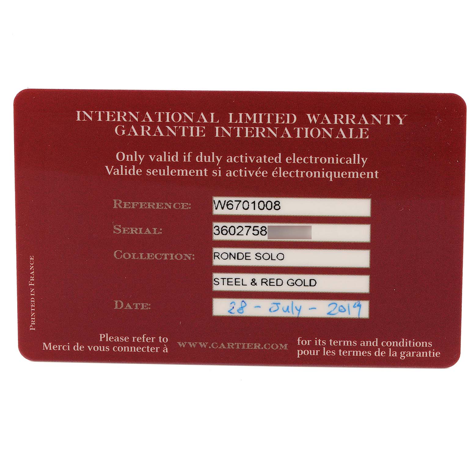 This image shows a Cartier Ronde W6701008 Men's Rose Gold Silver Dial W6701008 Men's Rose Gold Silver Dial Solo model international limited warranty card, including reference, serial number, collection, and date.
