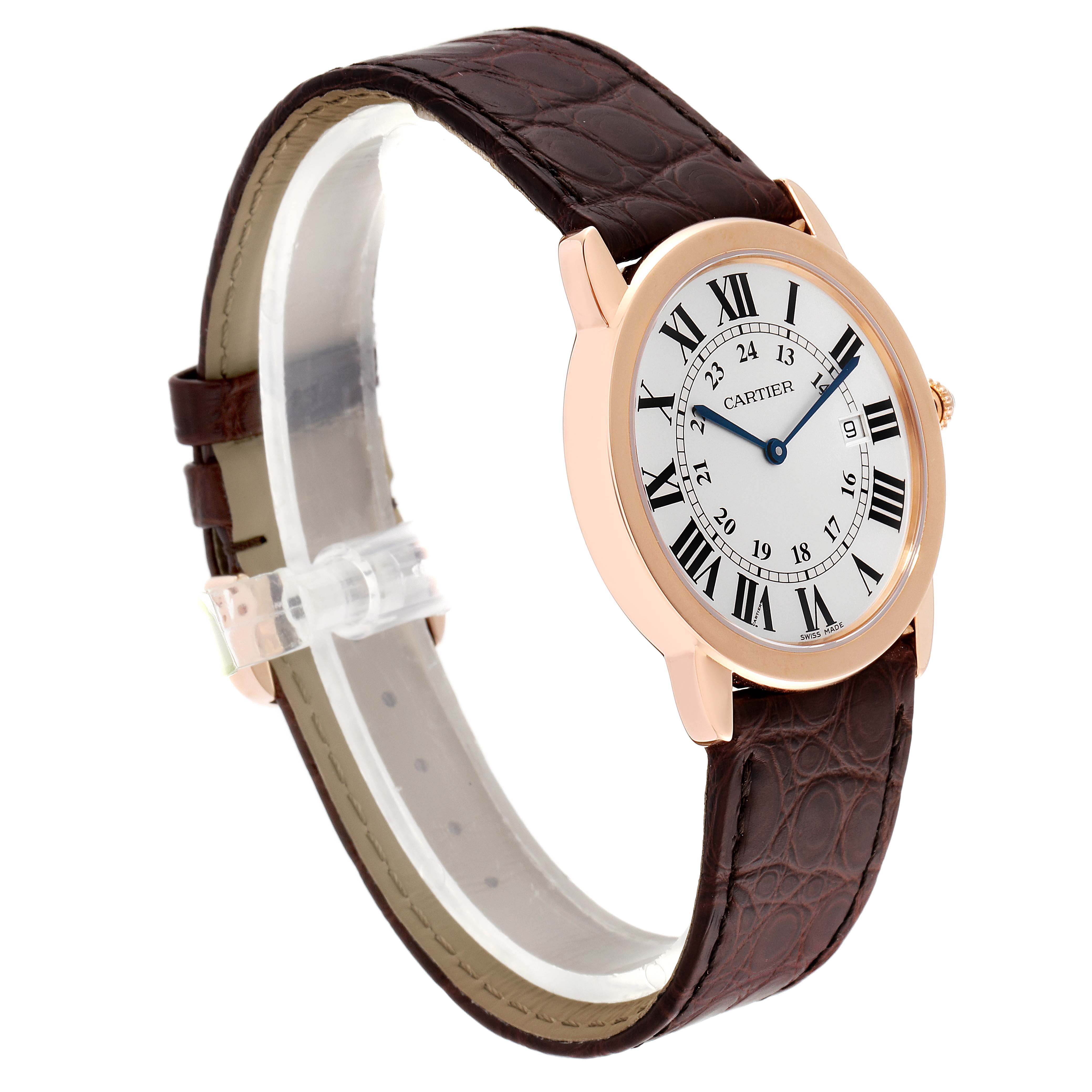 This image shows a Cartier Ronde W6701008 Men's Rose Gold Silver Dial W6701008 Men's Rose Gold Silver Dial watch at a slight side angle, displaying the watch face and brown leather strap.