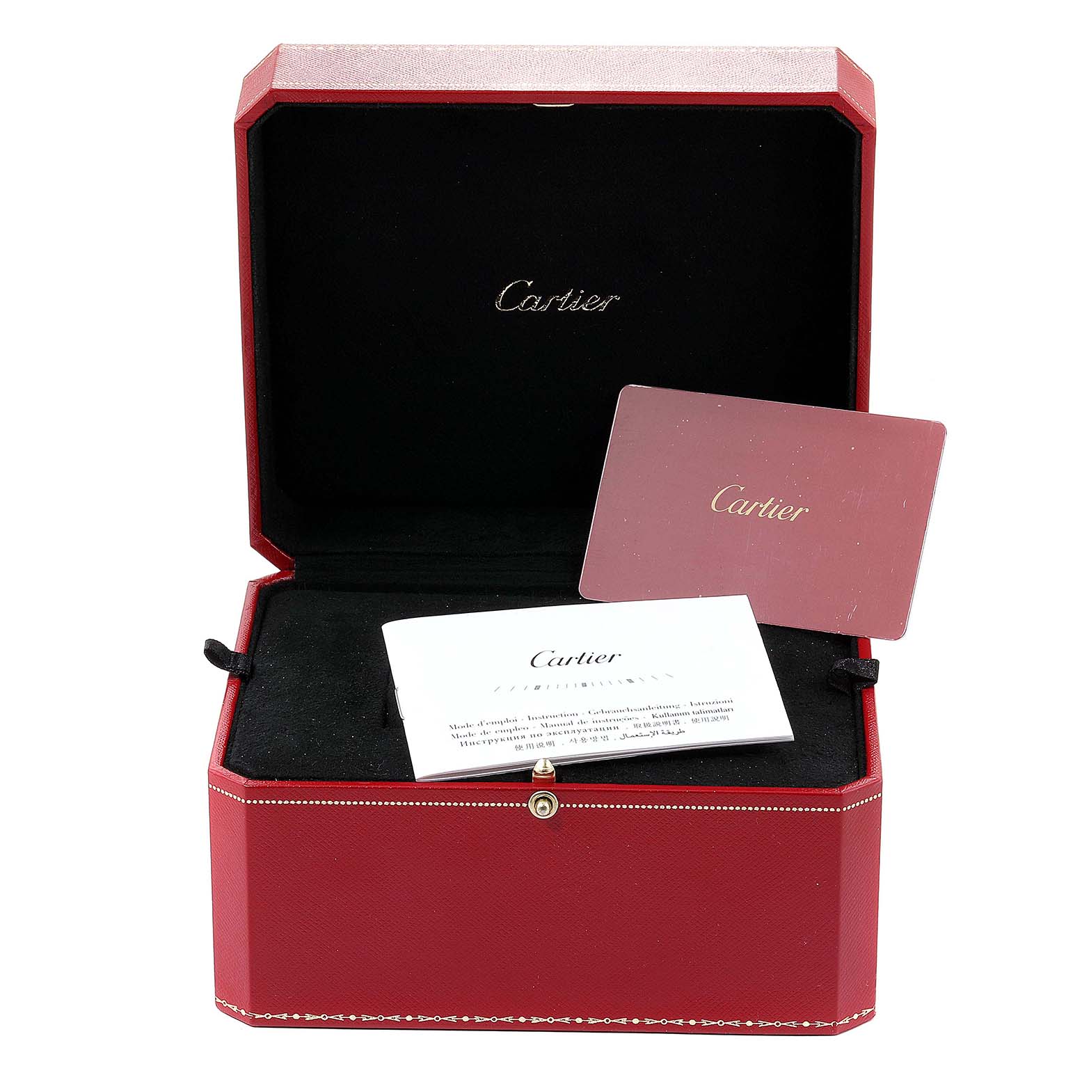 The image shows a Cartier Ronde W6701008 Men's Rose Gold Silver Dial W6701008 Men's Rose Gold Silver Dial model watch box containing paperwork and a card, viewed from the front.