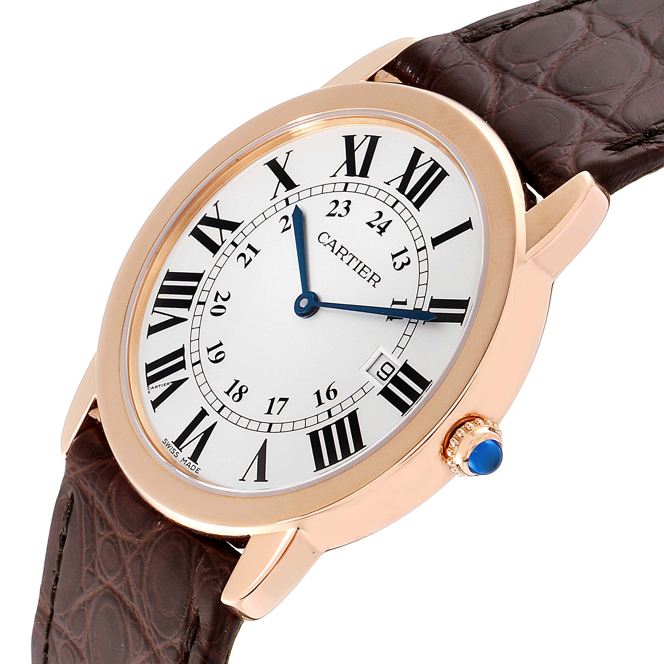 The Cartier Ronde W6701008 Men's Rose Gold Silver Dial W6701008 Men's Rose Gold Silver Dial watch is shown at an angled close-up, featuring its face, Roman numerals, blue hands, and crown with a blue cabochon.