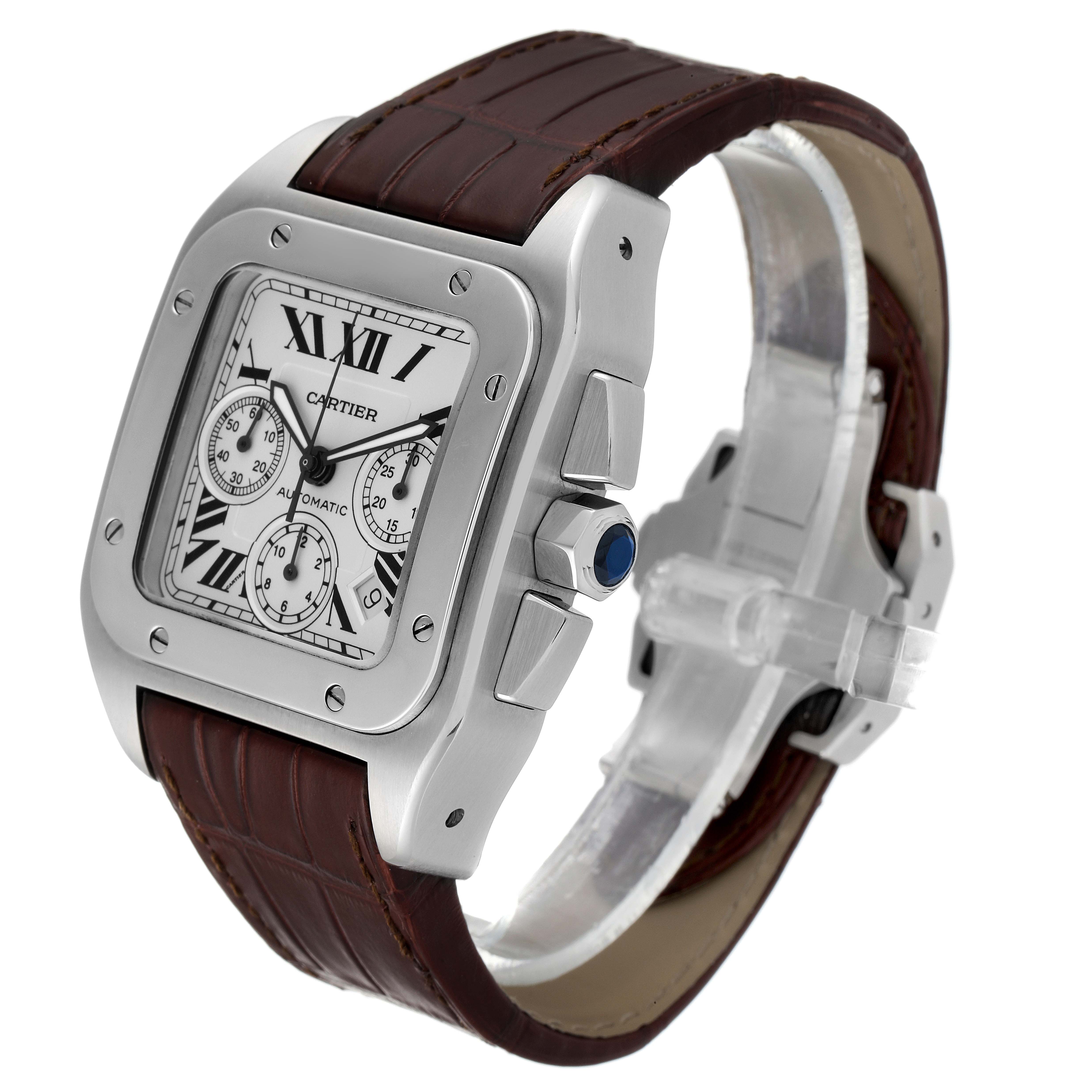 This image shows a Cartier Santos W20090X8 Men
s Stainless Steel Silver Dial W20090X8 Men
s Stainless Steel Silver Dial watch from an angled side view, highlighting the face, crown, and brown leather strap.