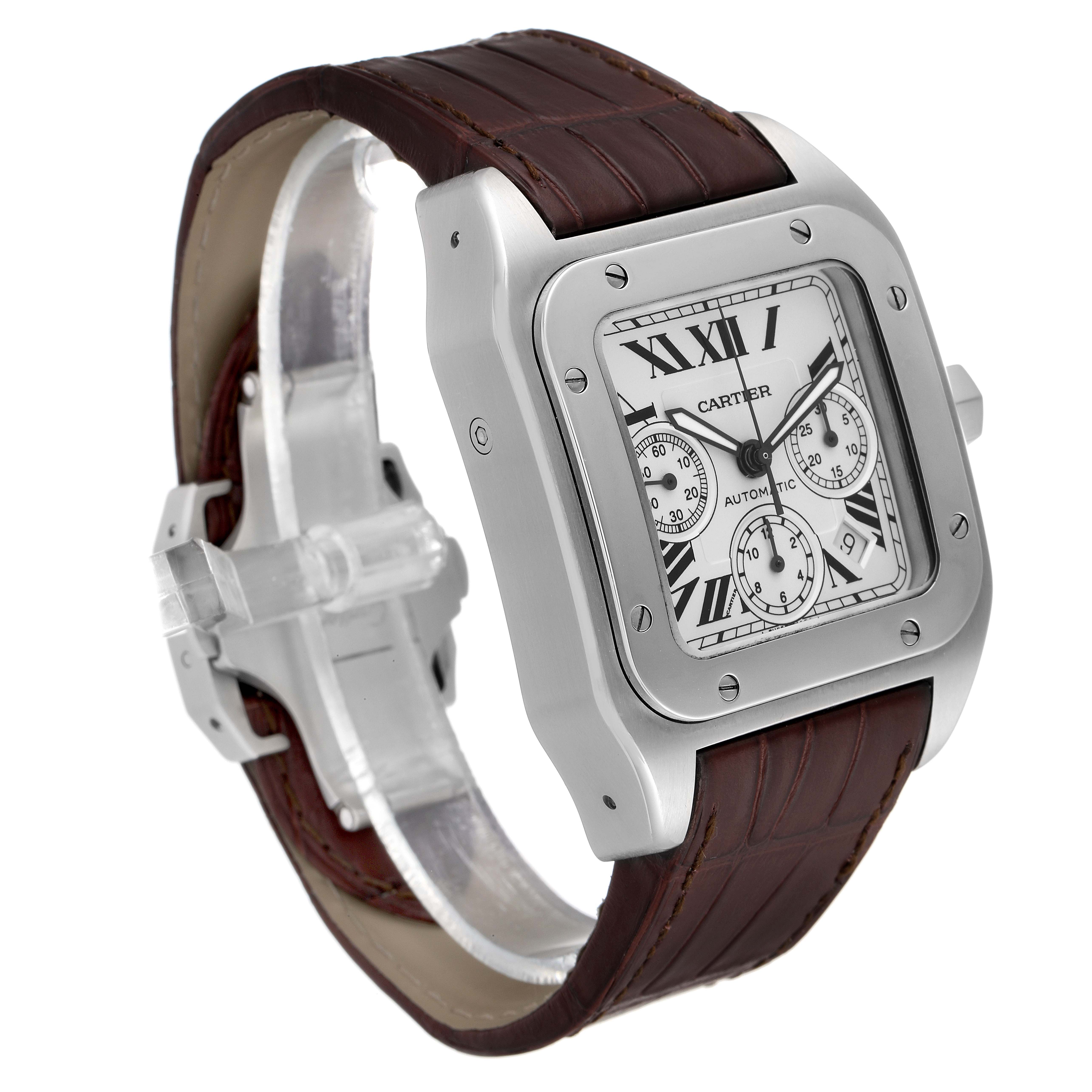 The Cartier Santos W20090X8 Men
s Stainless Steel Silver Dial W20090X8 Men
s Stainless Steel Silver Dial model watch is shown at an angled view, displaying the dial, bezel, and leather strap.