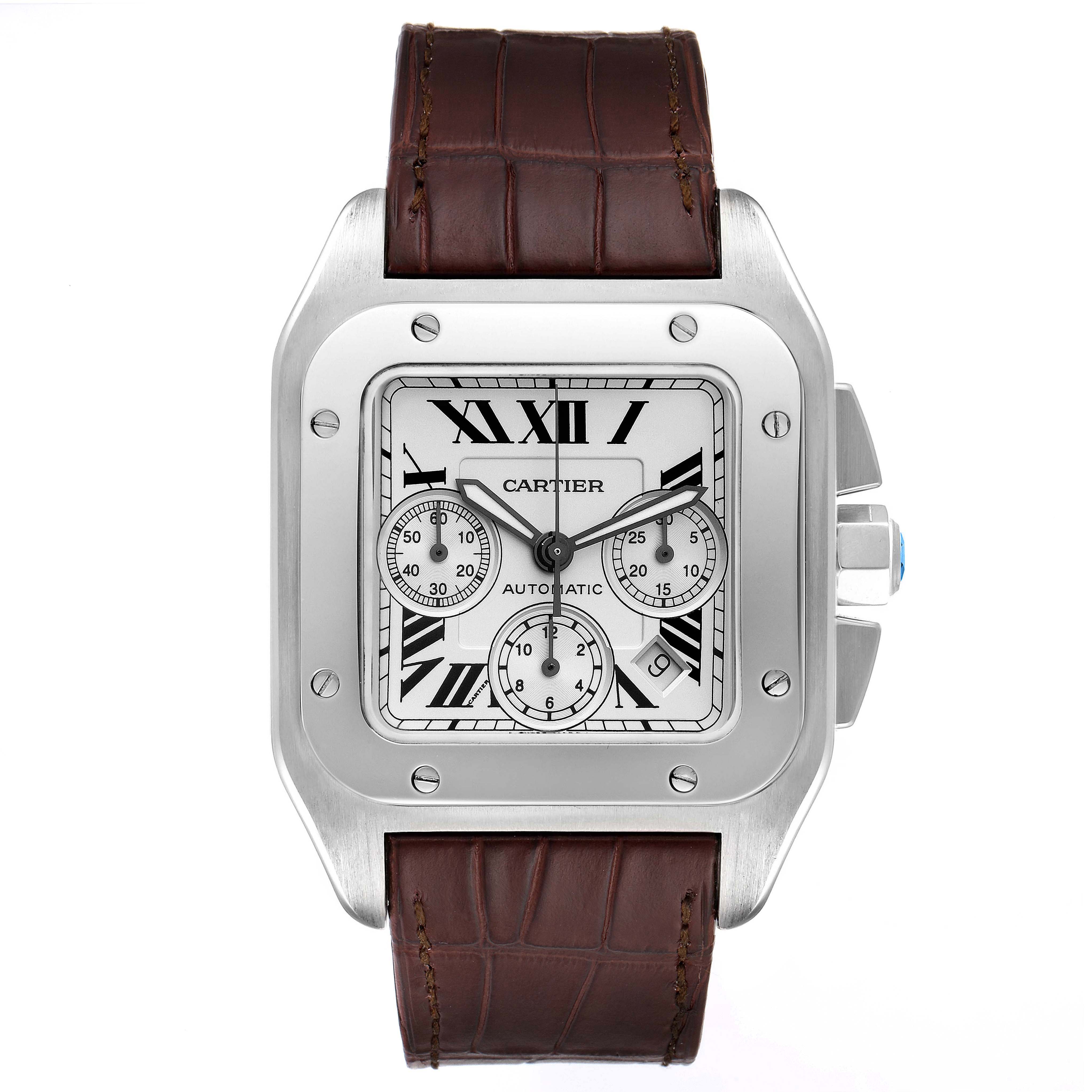 The image shows a head-on view of the Cartier Santos W20090X8 Men
s Stainless Steel Silver Dial W20090X8 Men
s Stainless Steel Silver Dial watch, highlighting the face, bezel, and brown leather strap.