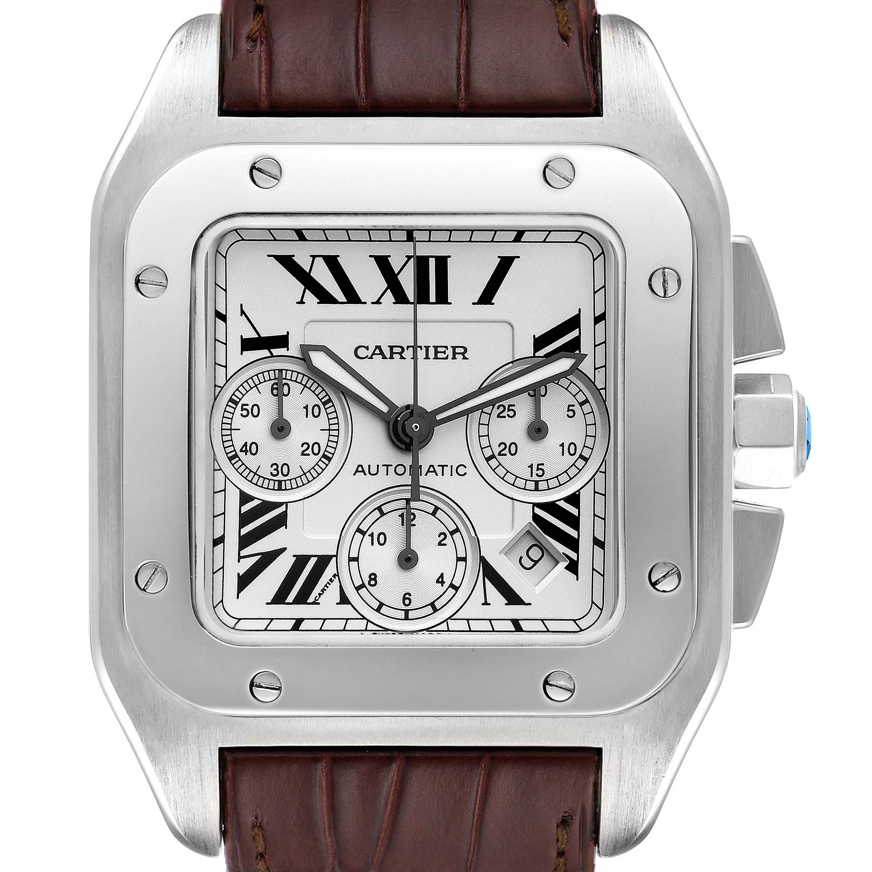 This Cartier Santos W20090X8 Men
s Stainless Steel Silver Dial W20090X8 Men
s Stainless Steel Silver Dial watch is shown from a front angle, displaying the dial, bezel, crown, and leather strap.