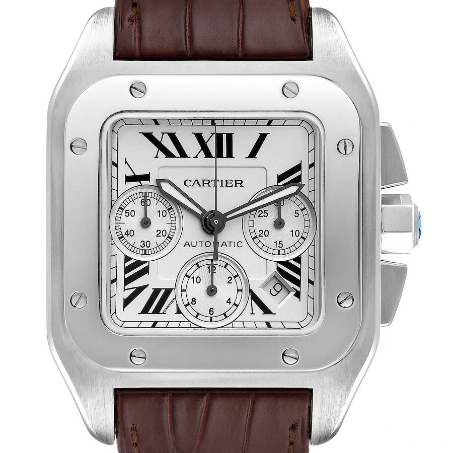 Cartier Santos 100 XL Silver Dial Chronograph Watch W20090X8 Papers SwissWatchExpo