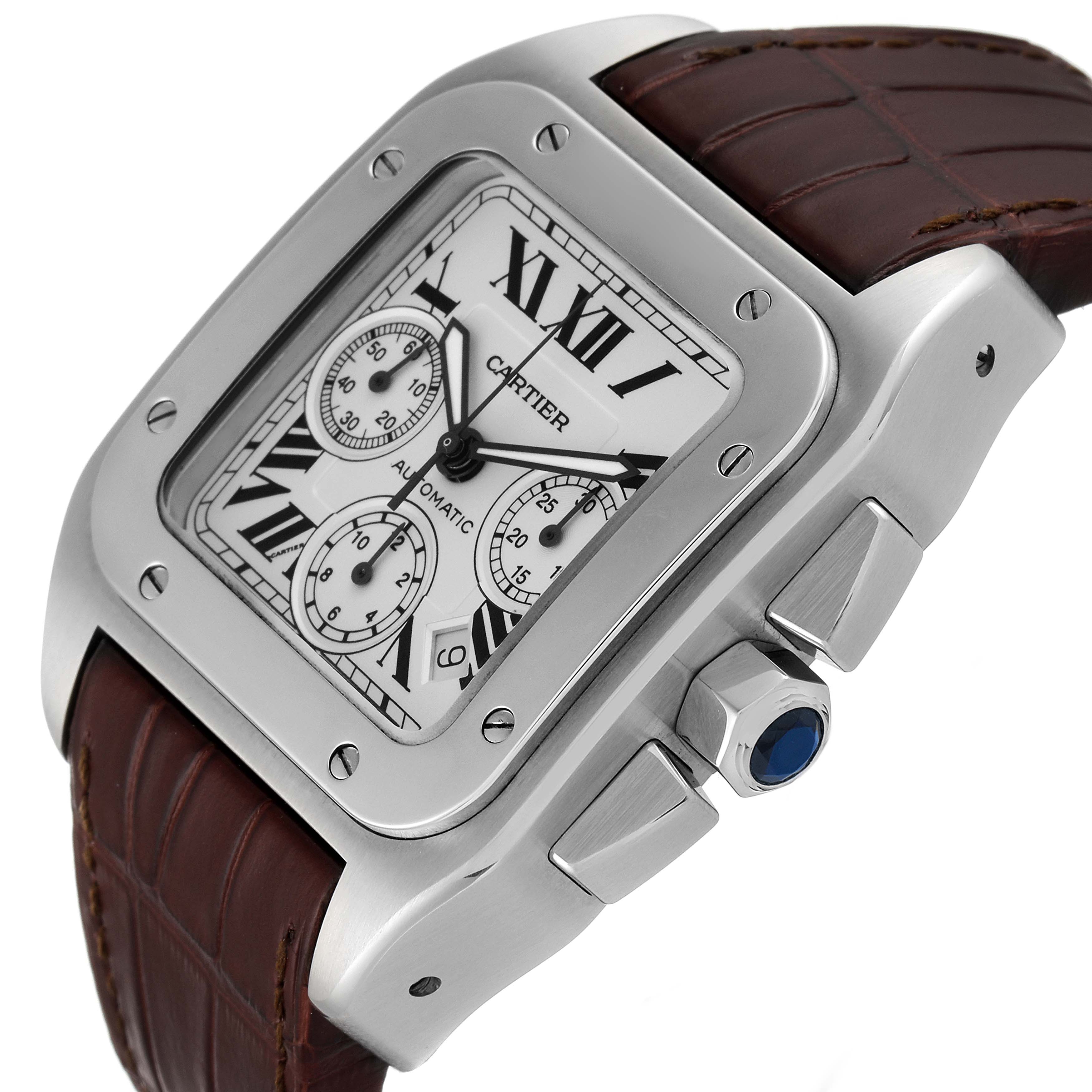 This image shows a close-up side angle of a Santos de Cartier watch, highlighting the dial, bezel, and brown leather strap.