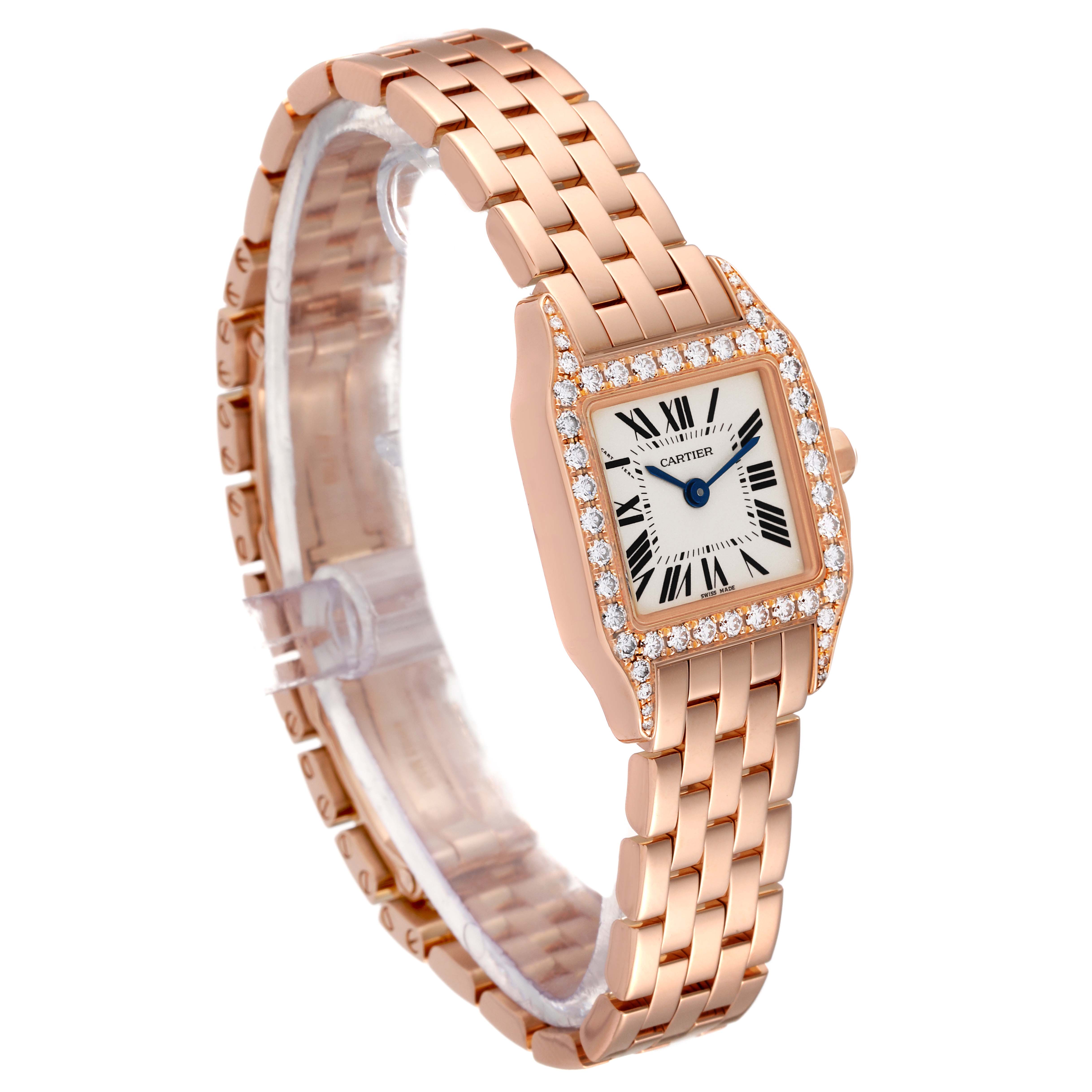 The image shows a Cartier Santos Demoiselle WF9011Z8 Women's Rose Gold Silver Dial WF9011Z8 Women's Rose Gold Silver Dial watch at an angle, highlighting its rose gold bracelet and diamond-set bezel.