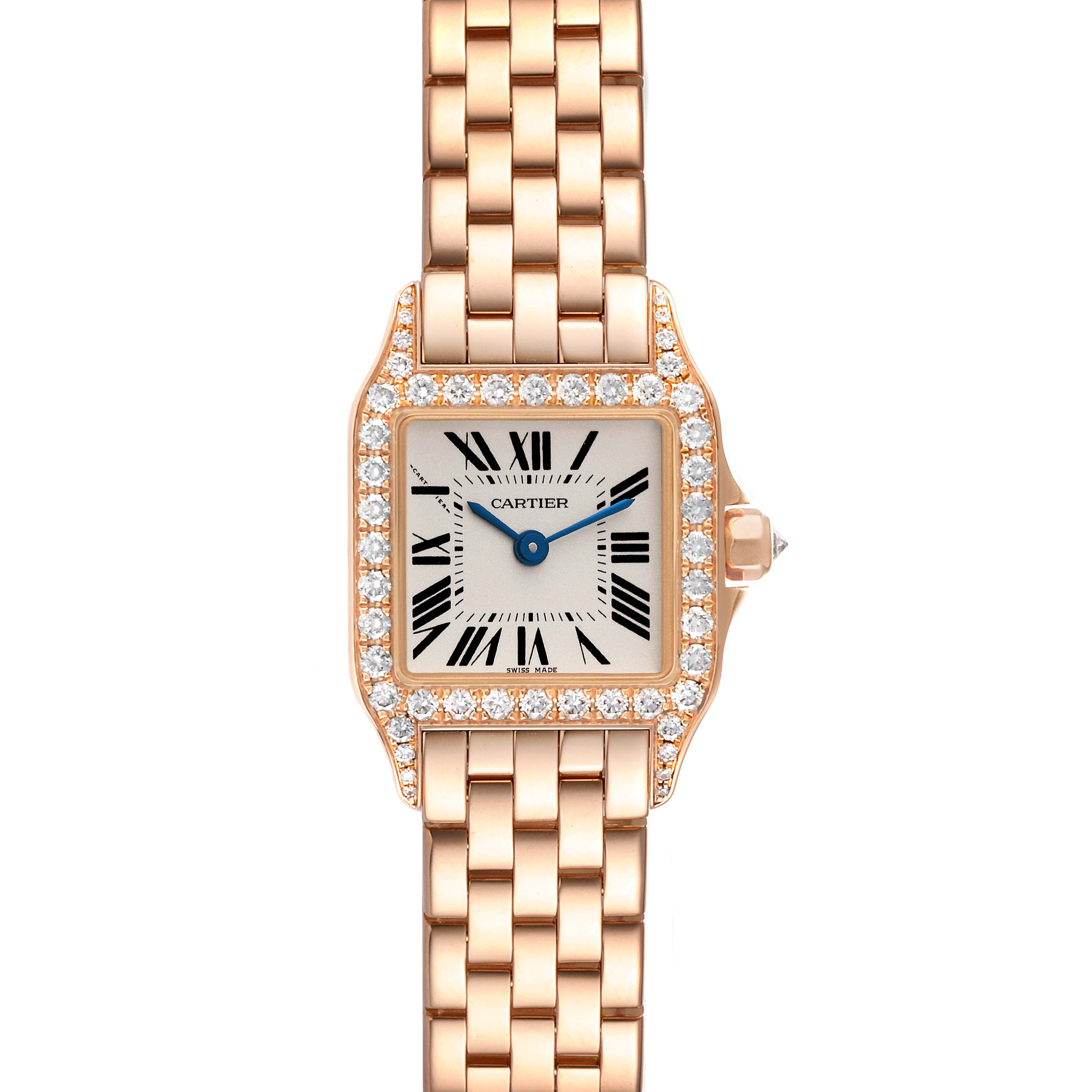 The image shows a Cartier Santos Demoiselle WF9011Z8 Women's Rose Gold Silver Dial WF9011Z8 Women's Rose Gold Silver Dial watch from a top-down angle, highlighting its face, bezel, and bracelet.