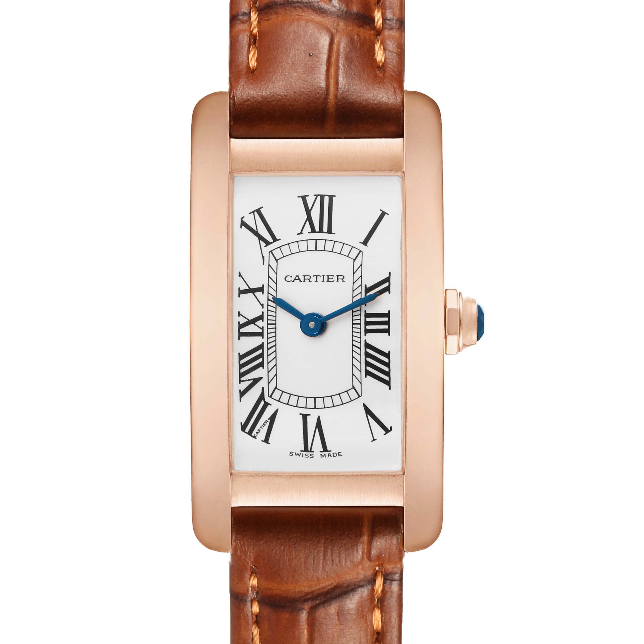 The Cartier Tank Americaine W2607456 Women's Rose Gold Silver Dial watch is shown from a front angle, highlighting its rectangular face, Roman numerals, and brown leather strap.