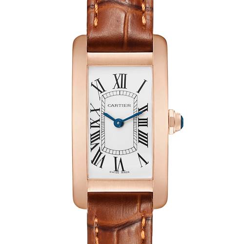 The Cartier Tank Americaine W2607456 Women's Rose Gold Silver Dial watch is shown from a front angle, highlighting its rectangular face, leather strap, and crown.