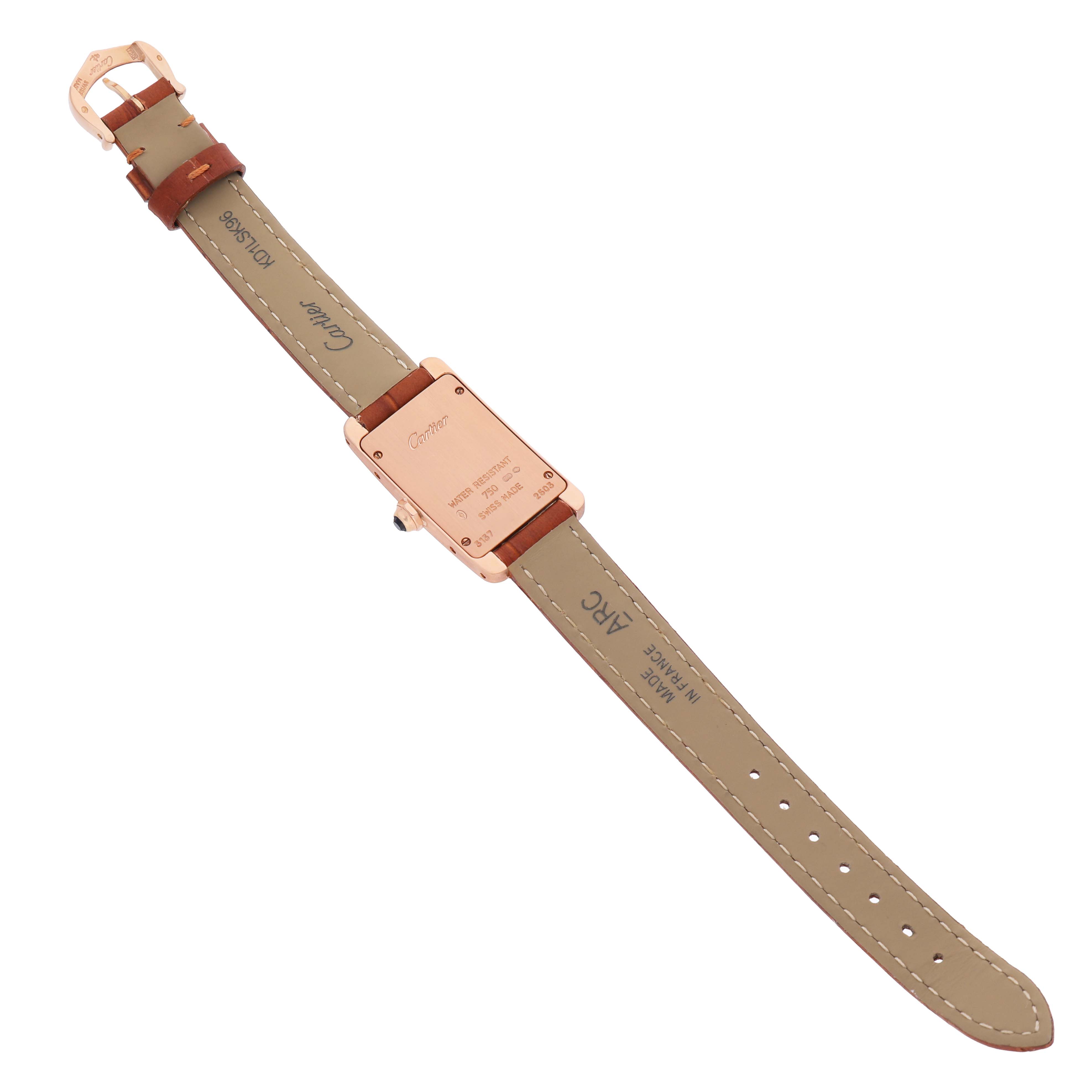 The Cartier Tank Americaine W2607456 Women's Rose Gold Silver Dial watch is shown from the back, displaying the strap and case back.