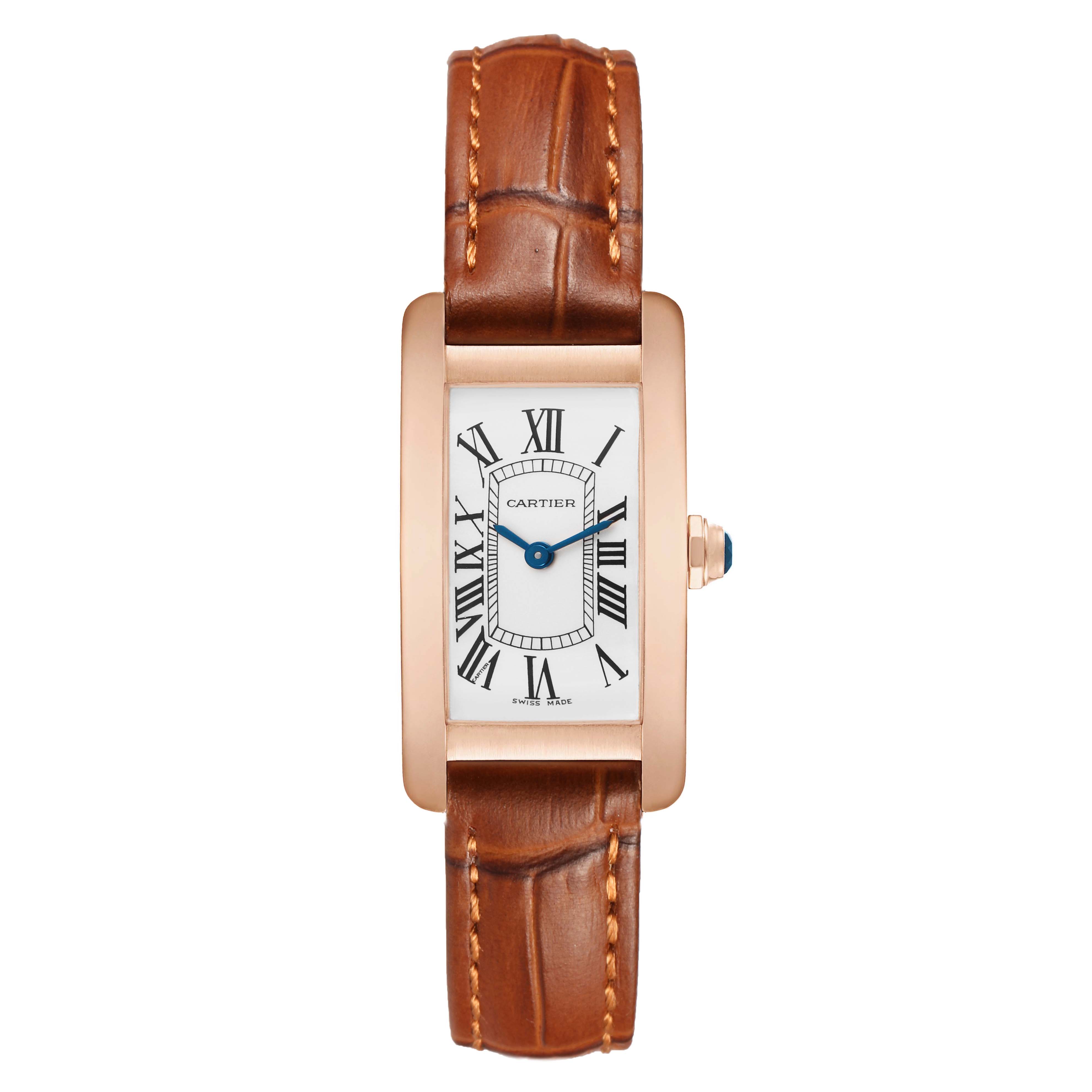 The Cartier Tank Americaine W2607456 Women's Rose Gold Silver Dial watch is shown from the front, displaying the face, blue hands, Roman numerals, and leather strap.