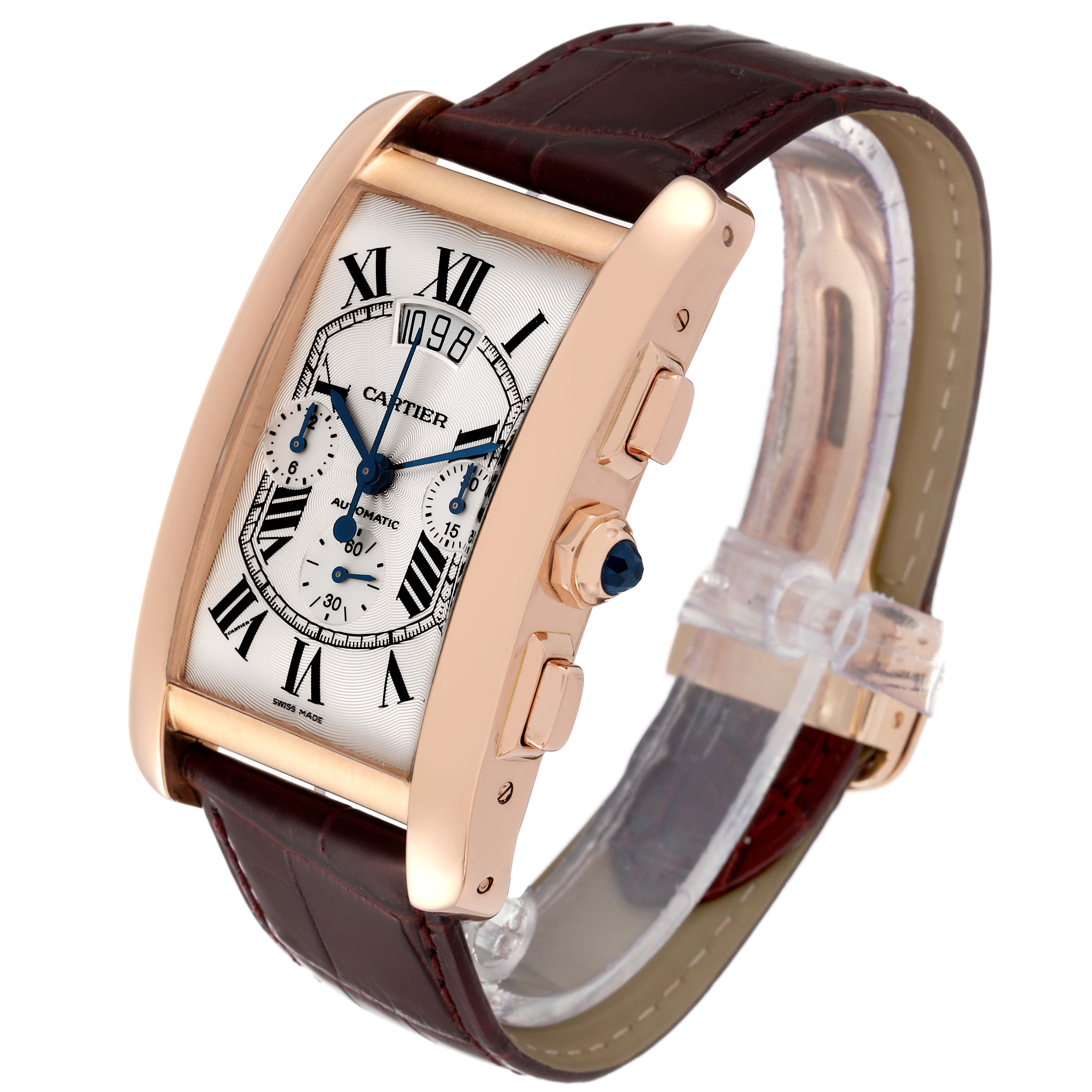 This image shows a side angle of the Cartier Tank Americaine W2610751 Men
s Rose Gold Silver Dial W2610751 Men
s Rose Gold Silver Dial watch, highlighting its rectangular face, brown strap, and buttons.