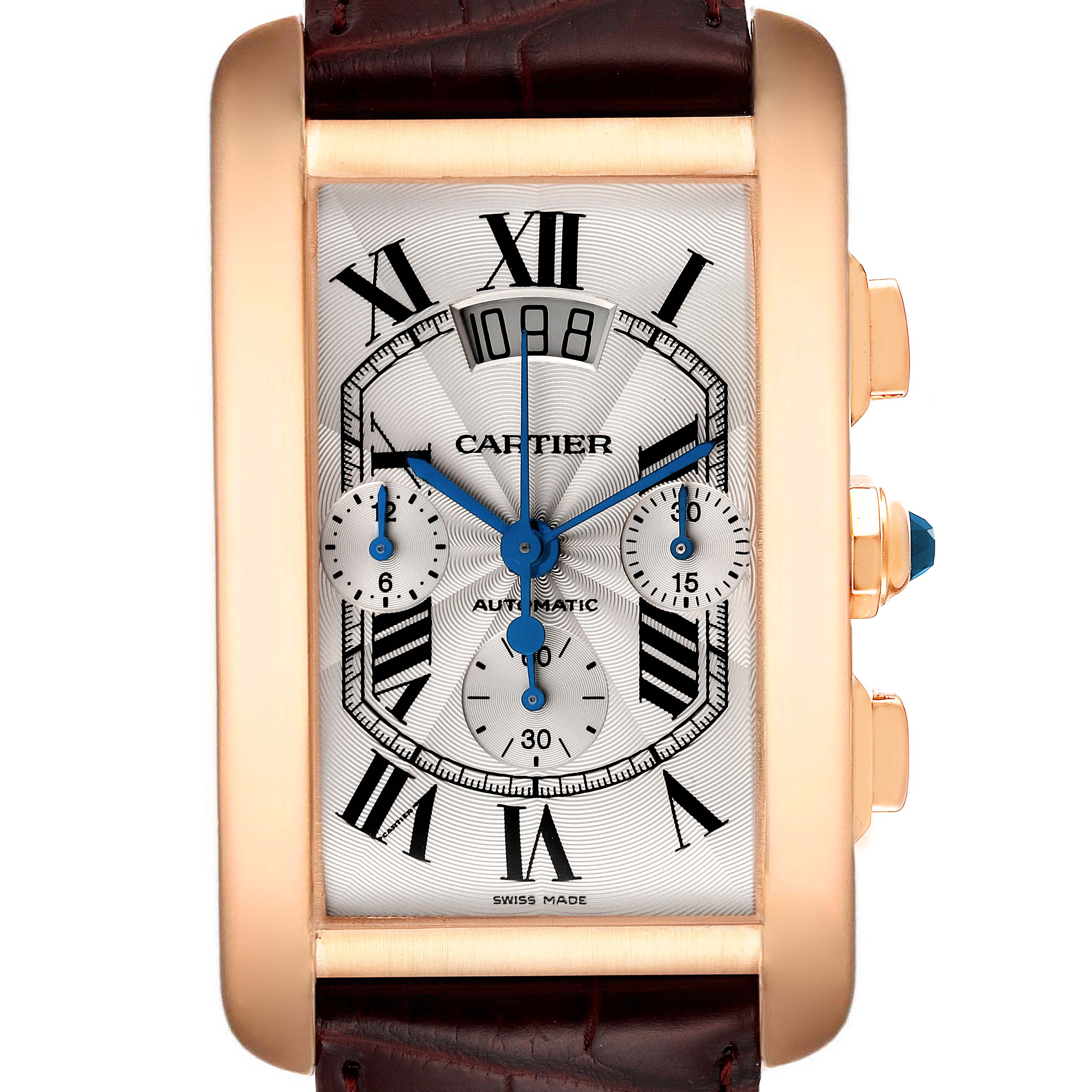 The Tank Americaine by Cartier is shown in a frontal view, displaying its face, Roman numerals, subdials, and strap.