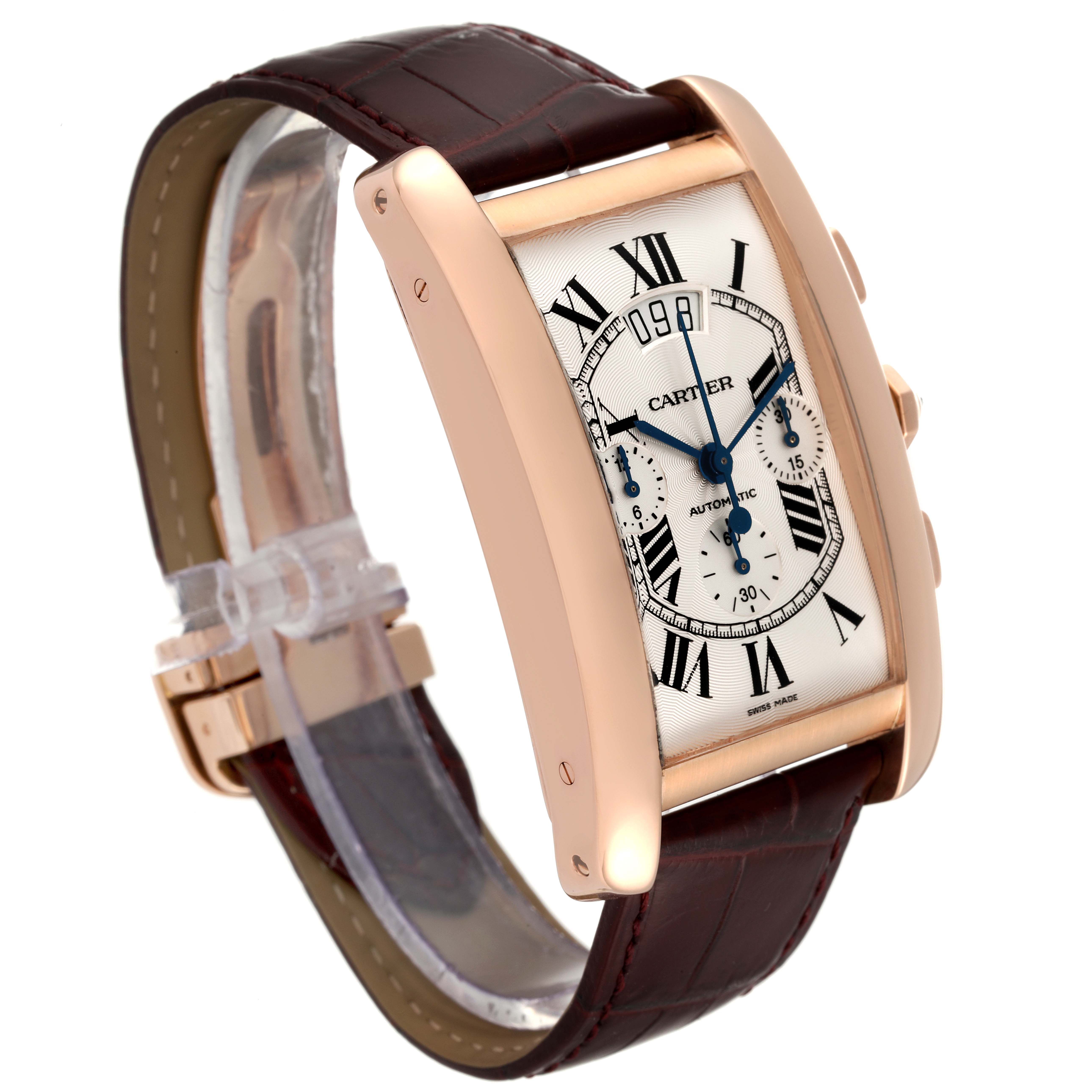 This image shows an angled view of the Cartier Tank Americaine W2610751 Men
s Rose Gold Silver Dial W2610751 Men
s Rose Gold Silver Dial watch, highlighting its dial, strap, and side buttons.