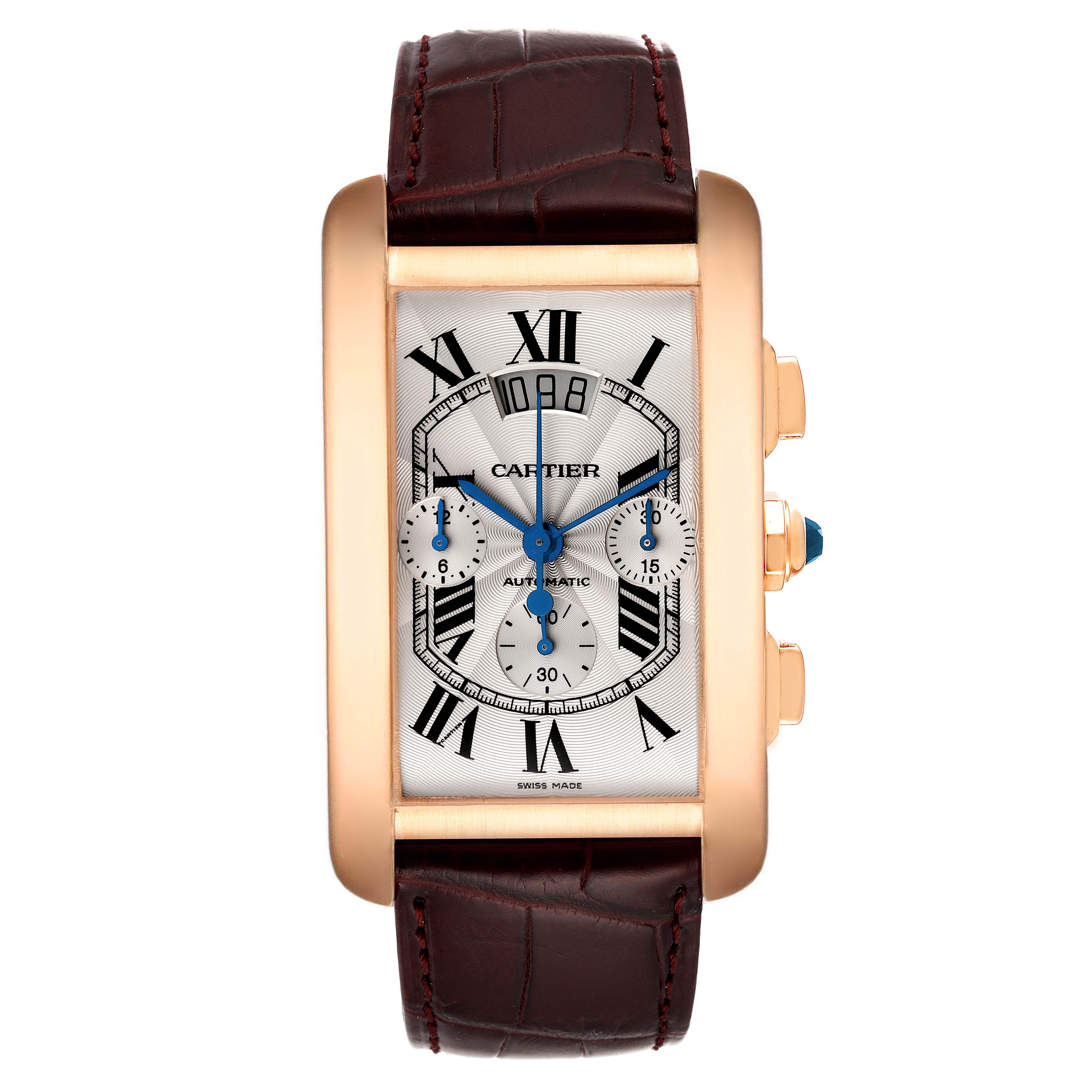 This image shows a front view of a Cartier Tank Americaine W2610751 Men
s Rose Gold Silver Dial W2610751 Men
s Rose Gold Silver Dial watch with a brown leather strap and gold case.