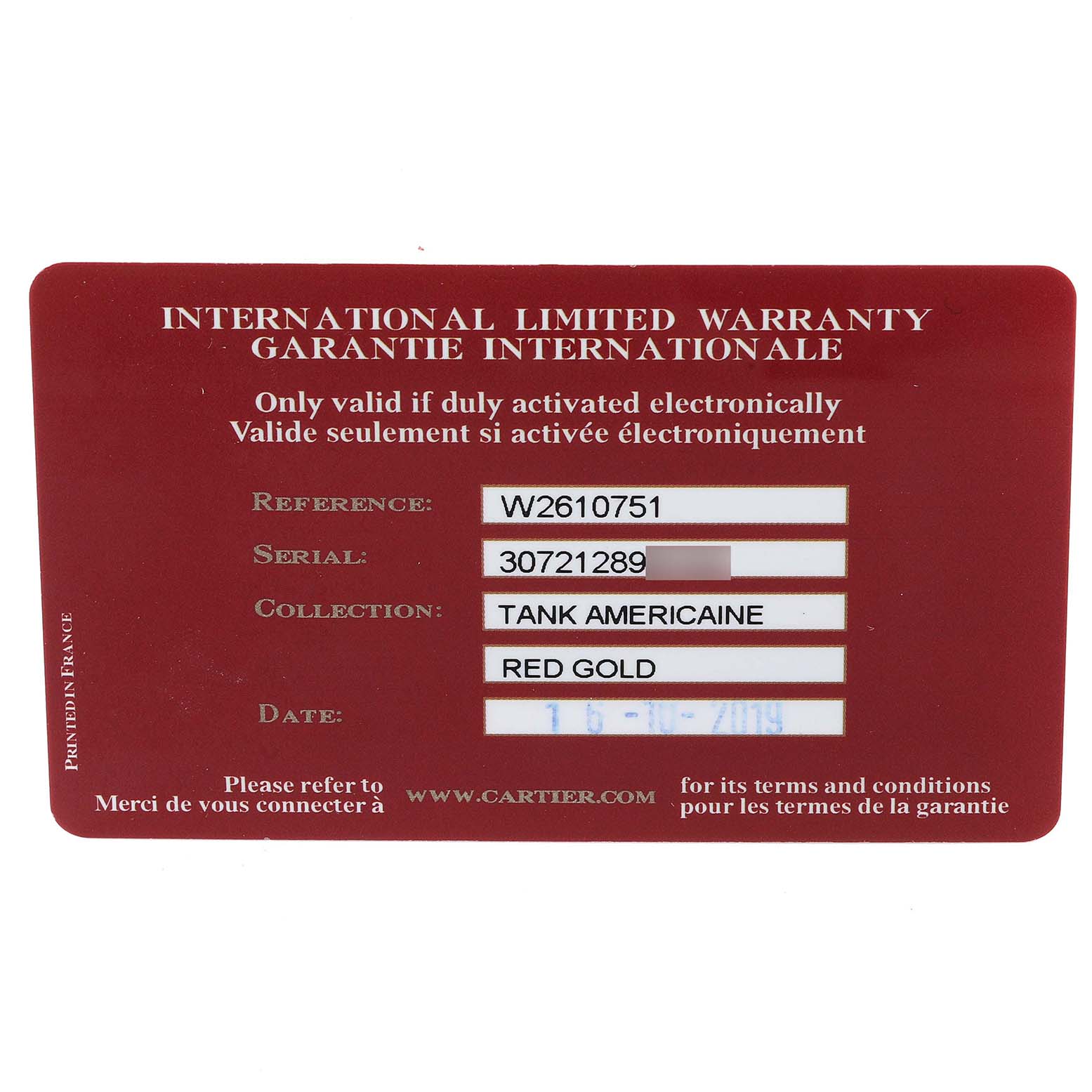 This image shows the Cartier Tank Americaine W2610751 Men
s Rose Gold Silver Dial W2610751 Men
s Rose Gold Silver Dial watch
s international limited warranty card.