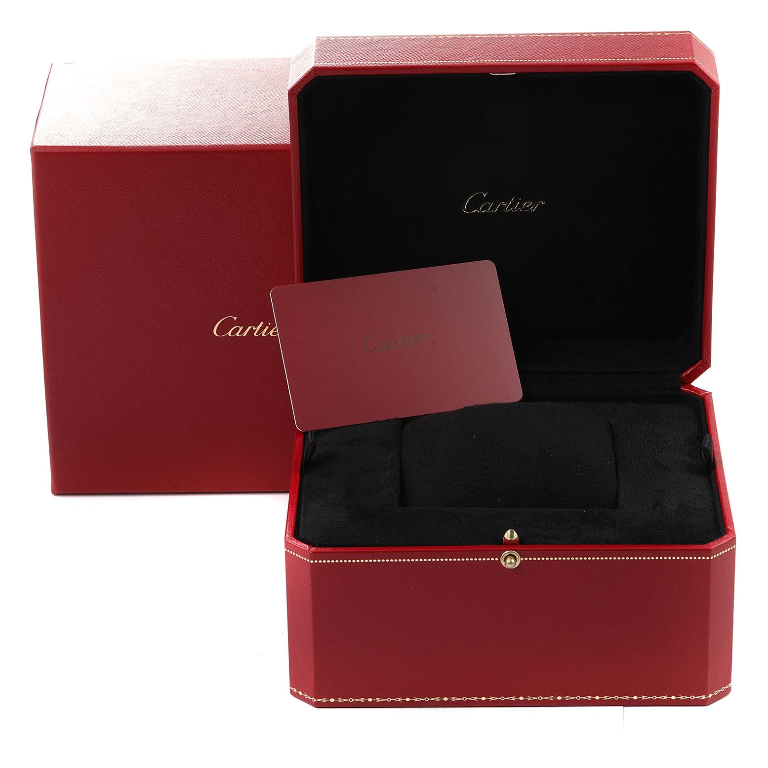 This image shows an open Cartier Tank Américaine watch box with its cushion and card holder.