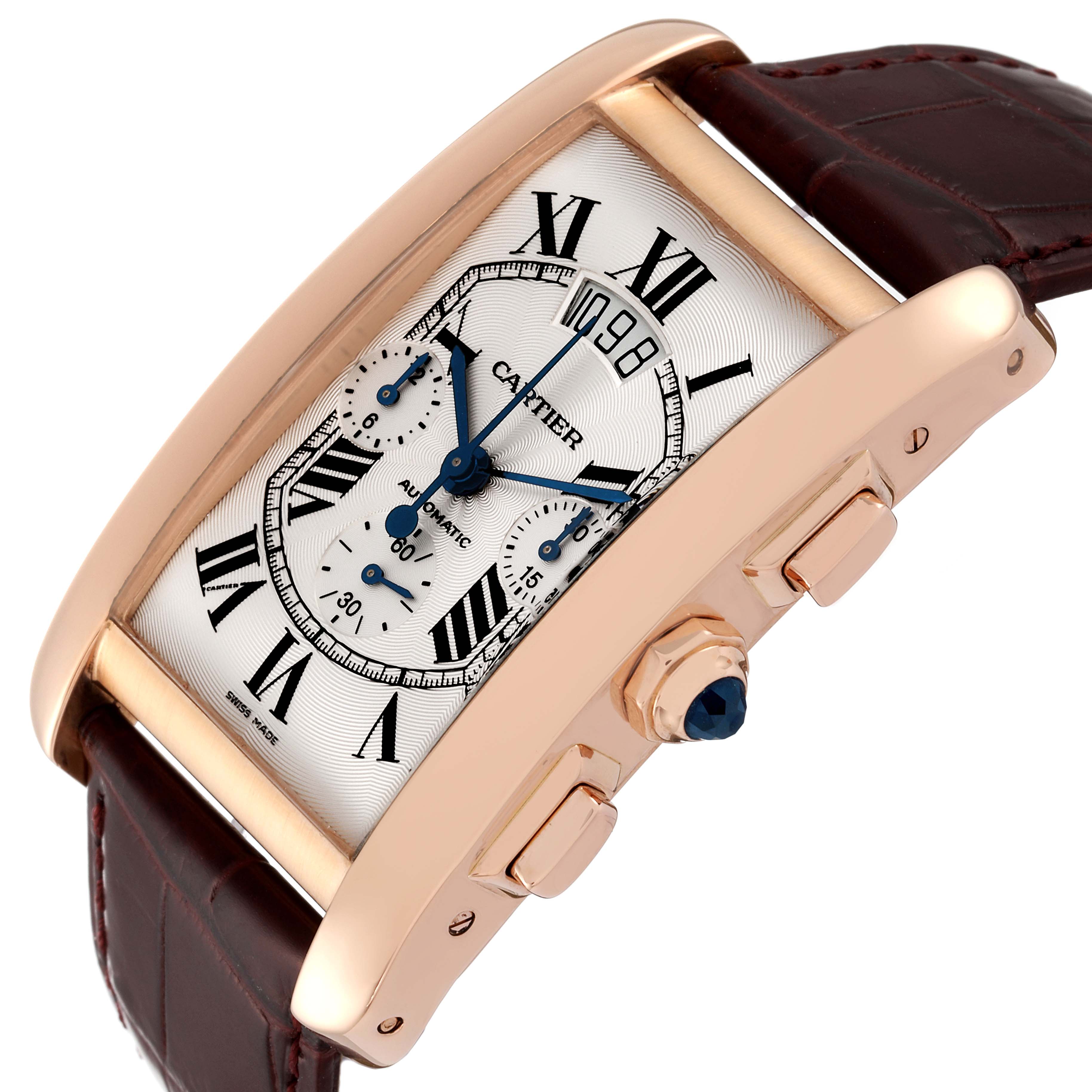 The image shows a close-up angled view of the Cartier Tank Américaine watch, highlighting the dial, crown, and leather strap.
