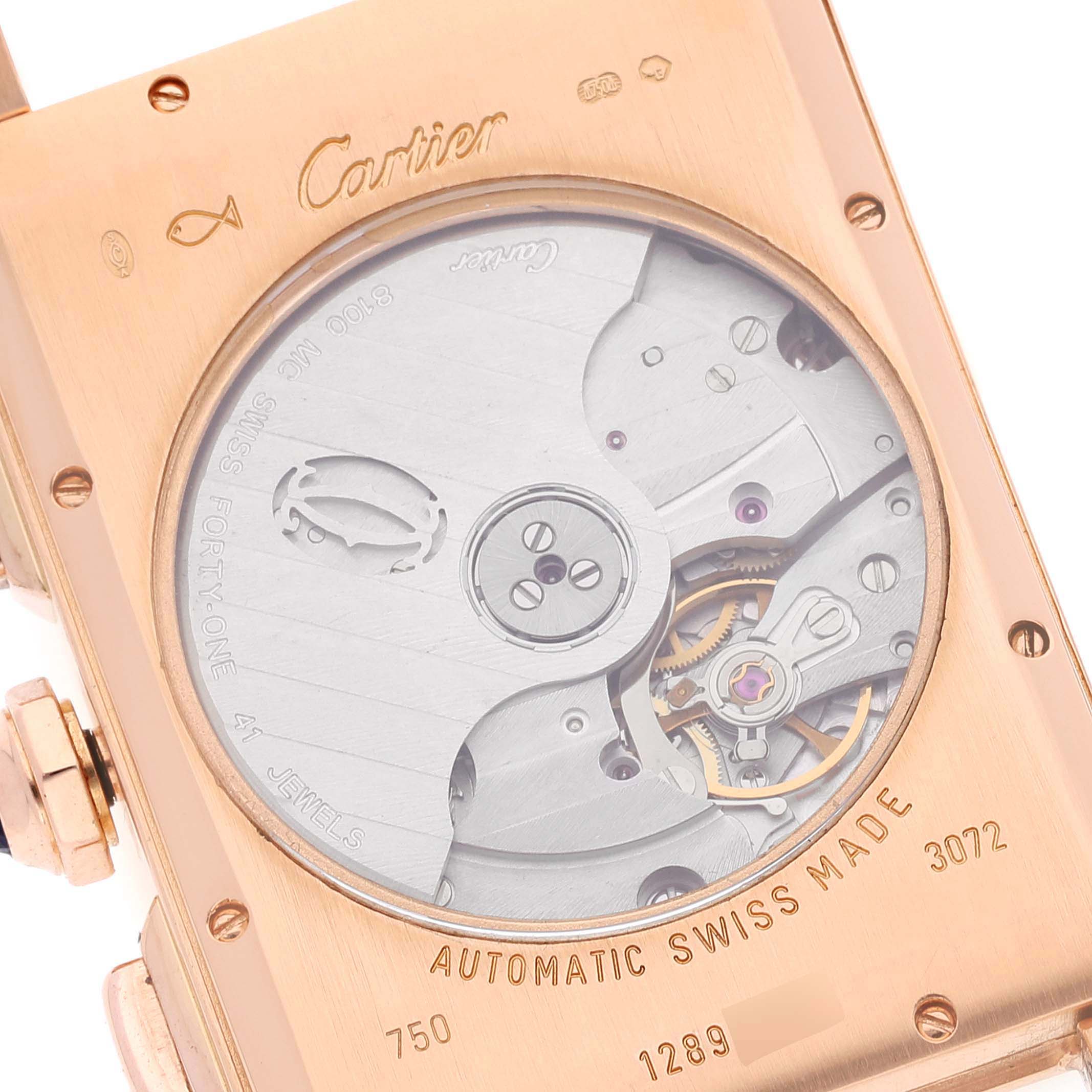The image shows the backview of the Cartier Tank Americaine W2610751 Men
s Rose Gold Silver Dial W2610751 Men
s Rose Gold Silver Dial watch, revealing its automatic movement and inner mechanics.