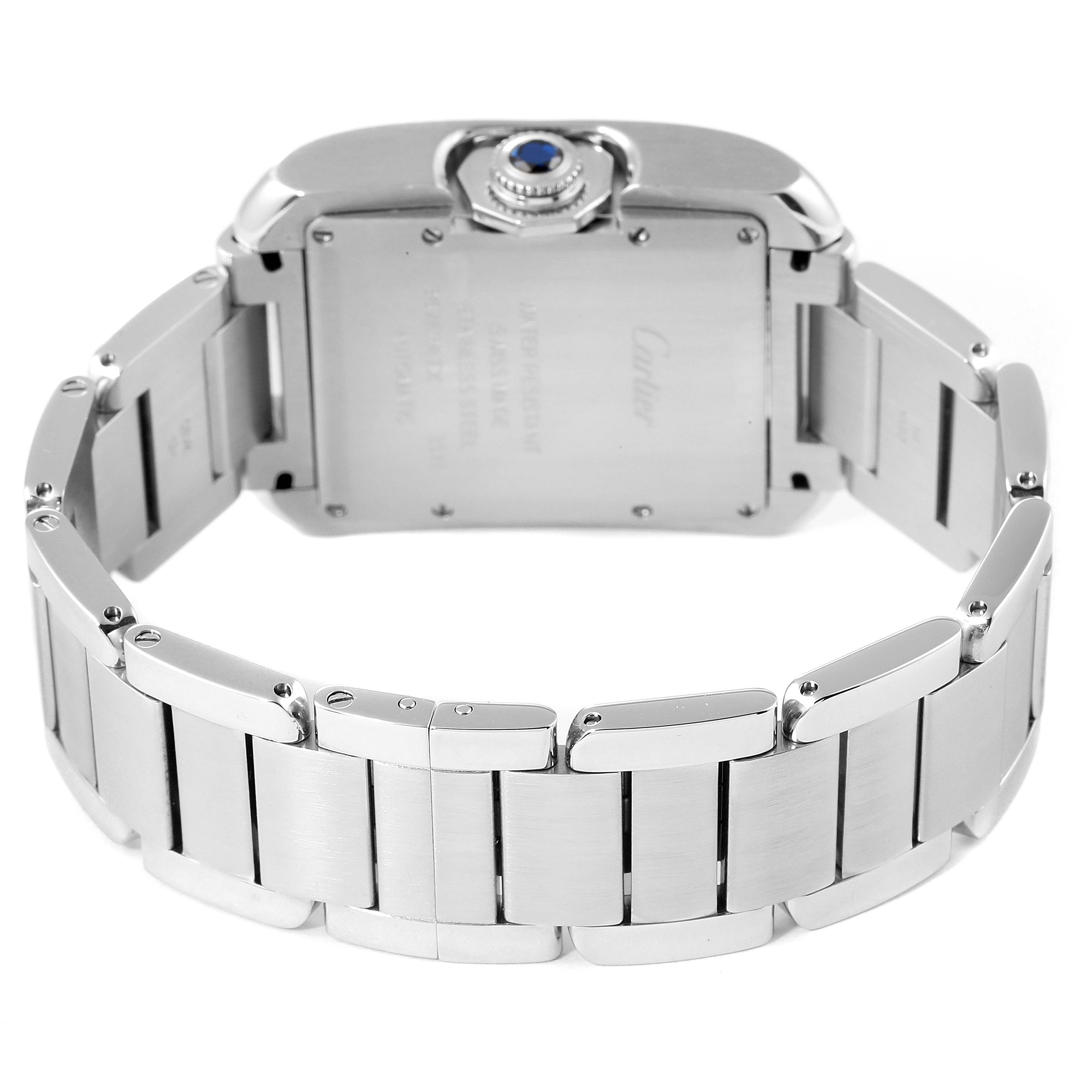This image shows the back case and bracelet of the Cartier Tank Anglaise W5310009 Men's Stainless Steel Silver Dial W5310009 Men's Stainless Steel Silver Dial watch.