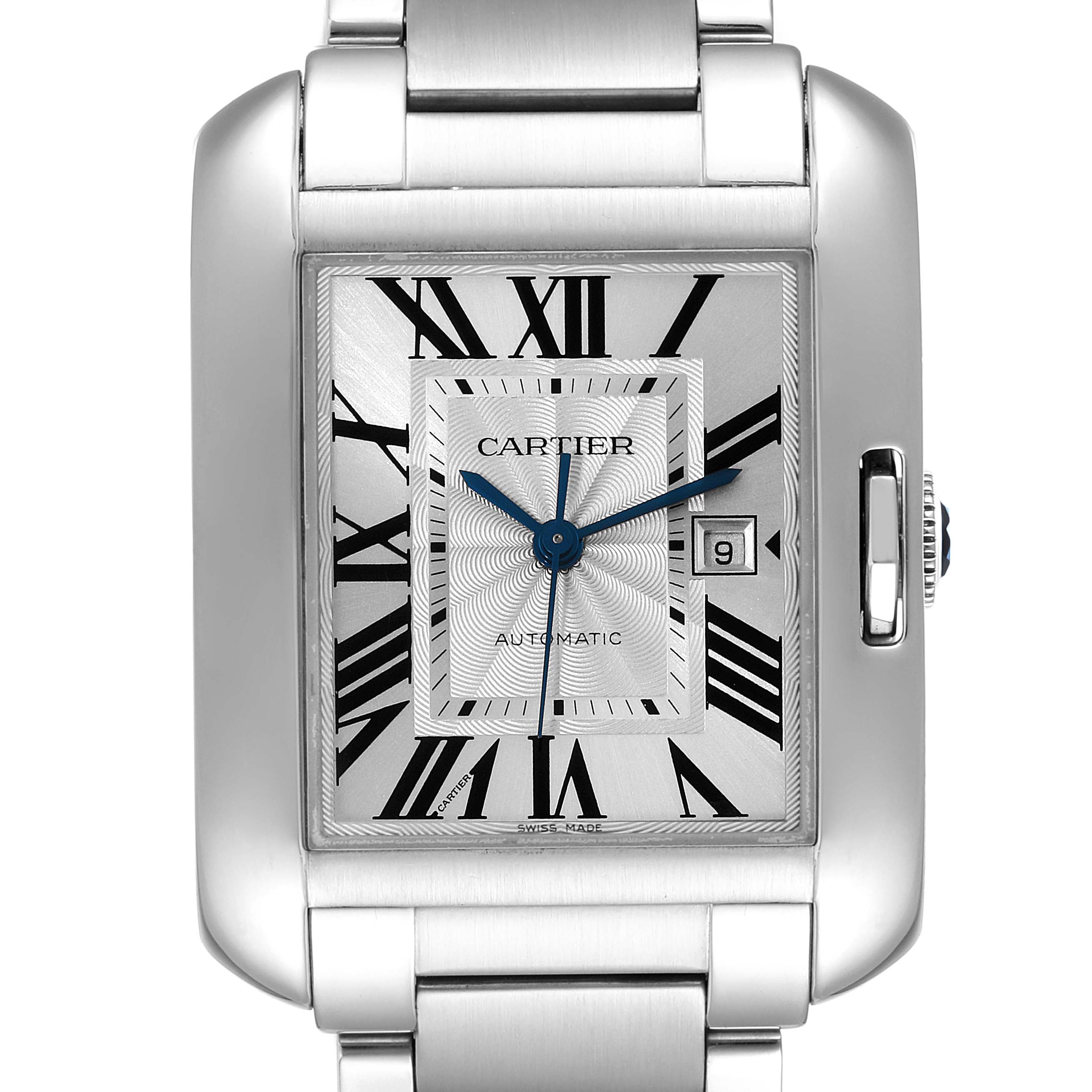 The image shows a close-up, front view of the Cartier Tank Anglaise W5310009 Men's Stainless Steel Silver Dial W5310009 Men's Stainless Steel Silver Dial watch, highlighting the face, bezel, and part of the bracelet.
