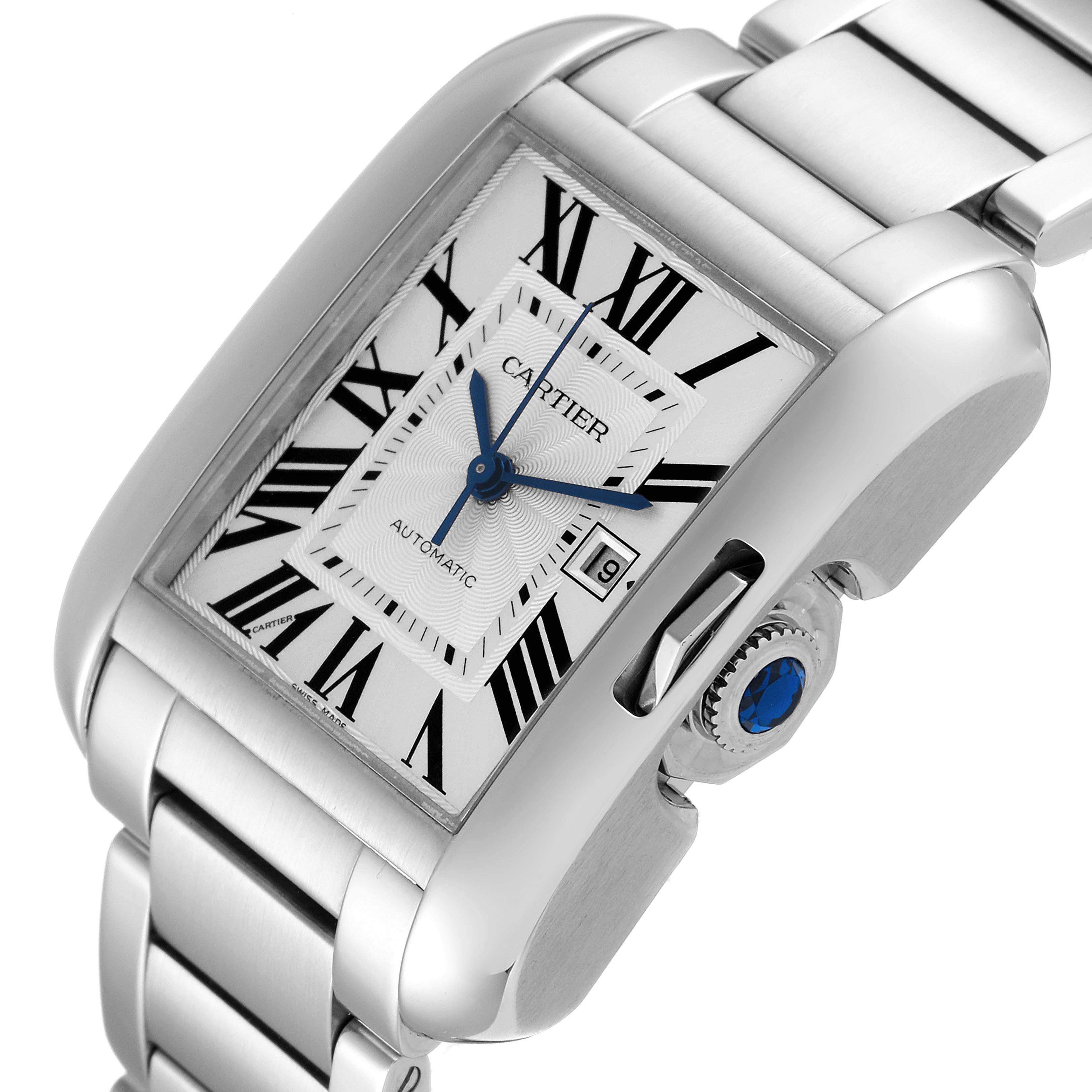 The Cartier Tank Anglaise W5310009 Men's Stainless Steel Silver Dial W5310009 Men's Stainless Steel Silver Dial watch is shown at an angled close-up, highlighting the dial, crown, and part of the bracelet.