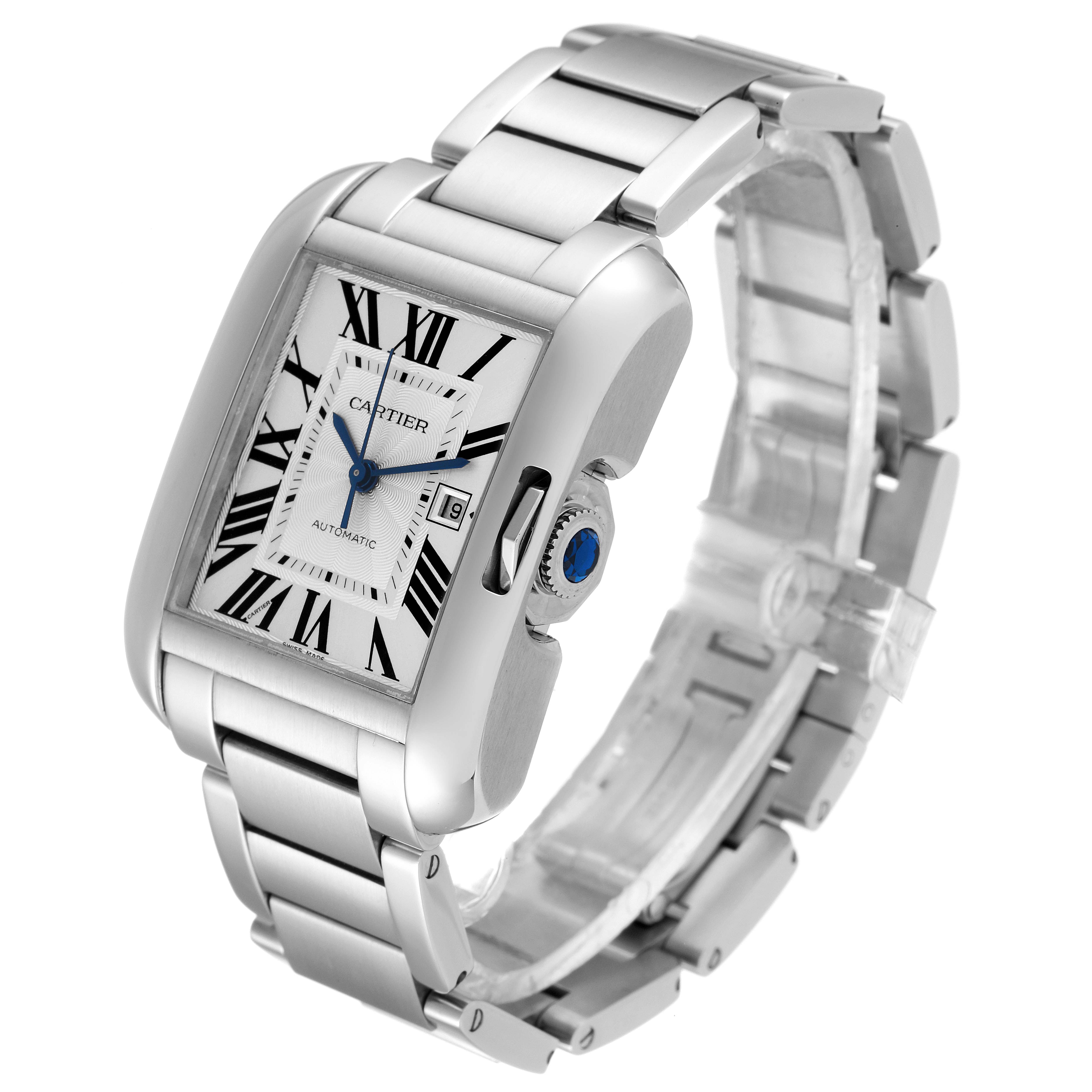 This image shows a front and side view of the Tank Anglaise model by Cartier, highlighting its face, bracelet, and crown.